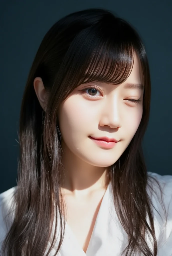 Ultra-realistic close-up portrait of a young Japanese woman showing a ...