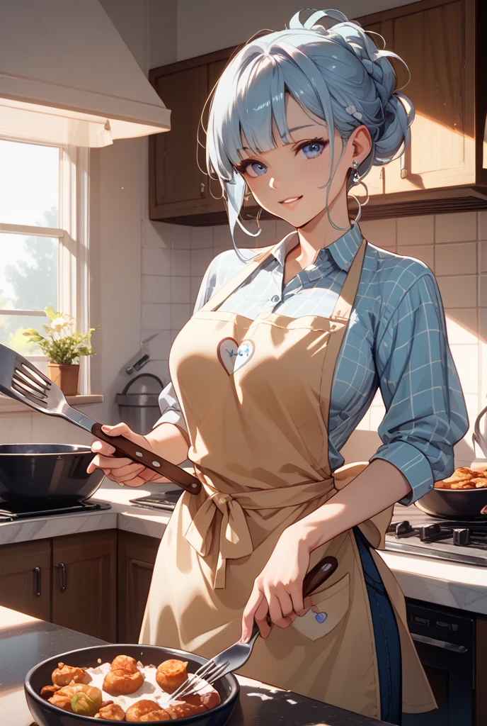 Woman with light blue hair cooking in kitchen、A look of shame、shame、NAKED Apron、Navel out、randome pose、Maids(Messy light)、(Best Highlights)、(Best Shadows)、(highestdetailed)、(Highest image quality 8K)、(masutepiece)