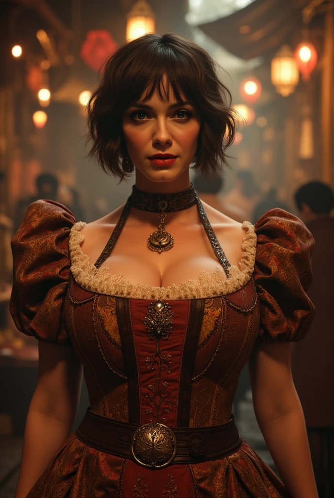 A woman wearing a red dress that emphasizes her bust is posing with a smile, Movie busts, Michael Horse (Unreal Engine, 8k Sensual Lighting, Seductive hypnotist woman, Bust Shots in the Movie, 8K Portrait Rendering, Fantasy style 8k octane rendering, Art Nouveau octane rendering, 8k high quality detailed art, Beautiful digital art, small character. Unreal Engine 5