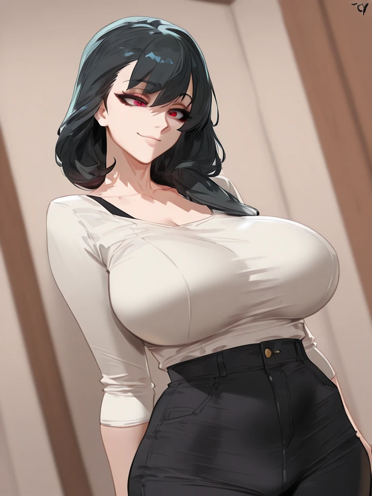An anime-style artwork depicting acheron from the game Honkai star rail.

Tags: acheronhsr, anime, detailed eyes, detailed lips, black crop top, black turtleneck, black pencil skirt, smiling expression, intense gaze, glowing emblem on hand, dynamic pose, mystical background, vibrant colors, digital art, high-resolution, professional quality, gigantic breasts, (underboob : 1.4), curvy, cowboy shot, (gigantic breasts: 1.4), (red eyes: 1.4), (black hair: 1.4), short hair