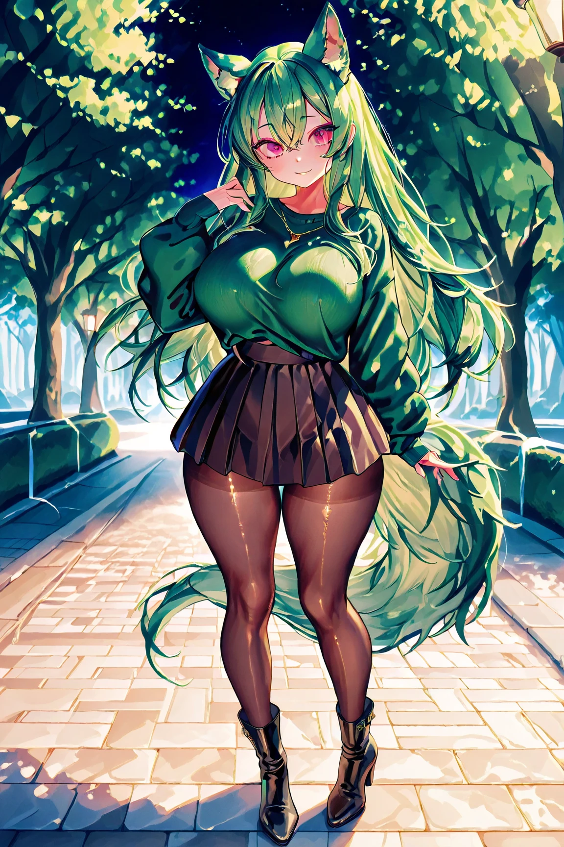 Fishnet Stockings, High quality, a high resolution, high quality face, ultra-detailed, Gorgeous girl, big ass, big breasts, Beautiful breasts, flowing mini skirt, translucent top, ((green long hair)), front view, Emphasis on the chest, close-up breasts, walks down the street, A busy street, my people,