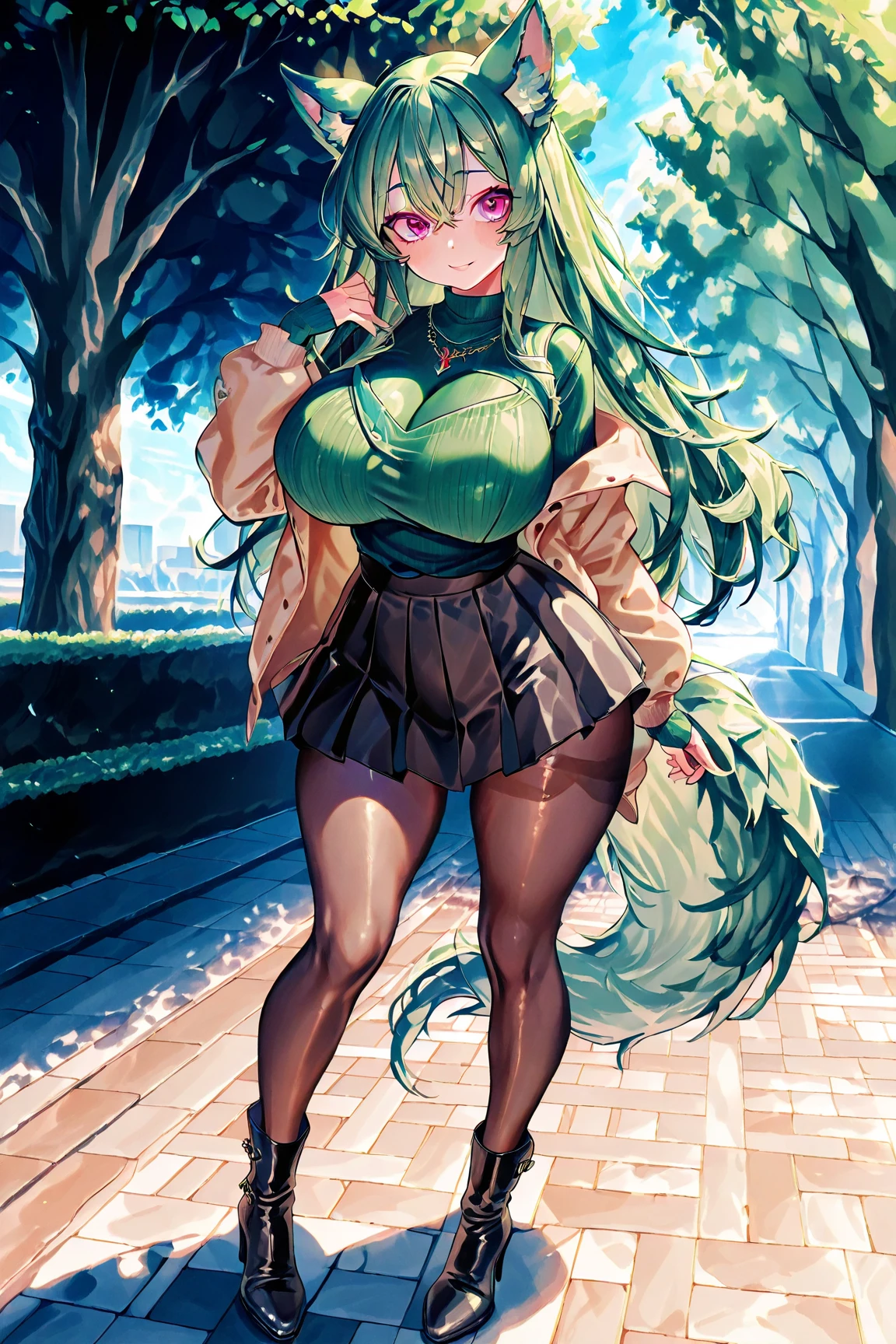   , Croped, , cleavage, slim waist, cropped hoodie underboob, cropped hoodieunderboobhoodie, 1girl, 2 wolf ears, wolf tail, ????????? crop hoodie, crop shorts, ????????? hoodie, spiky hair, spiky fur, green hair, red eyes,????????? field scenery, tight clothes, perfect eyes, perfect hands, clear resolution, full body, cleavage skin, ????????? plants, open hoodie, ????????? scenery, black thigh high socks, full body, earrings, 1girl, skirt,  cleavage, slim waist, cleavage, slim waist, hair pulled back, 