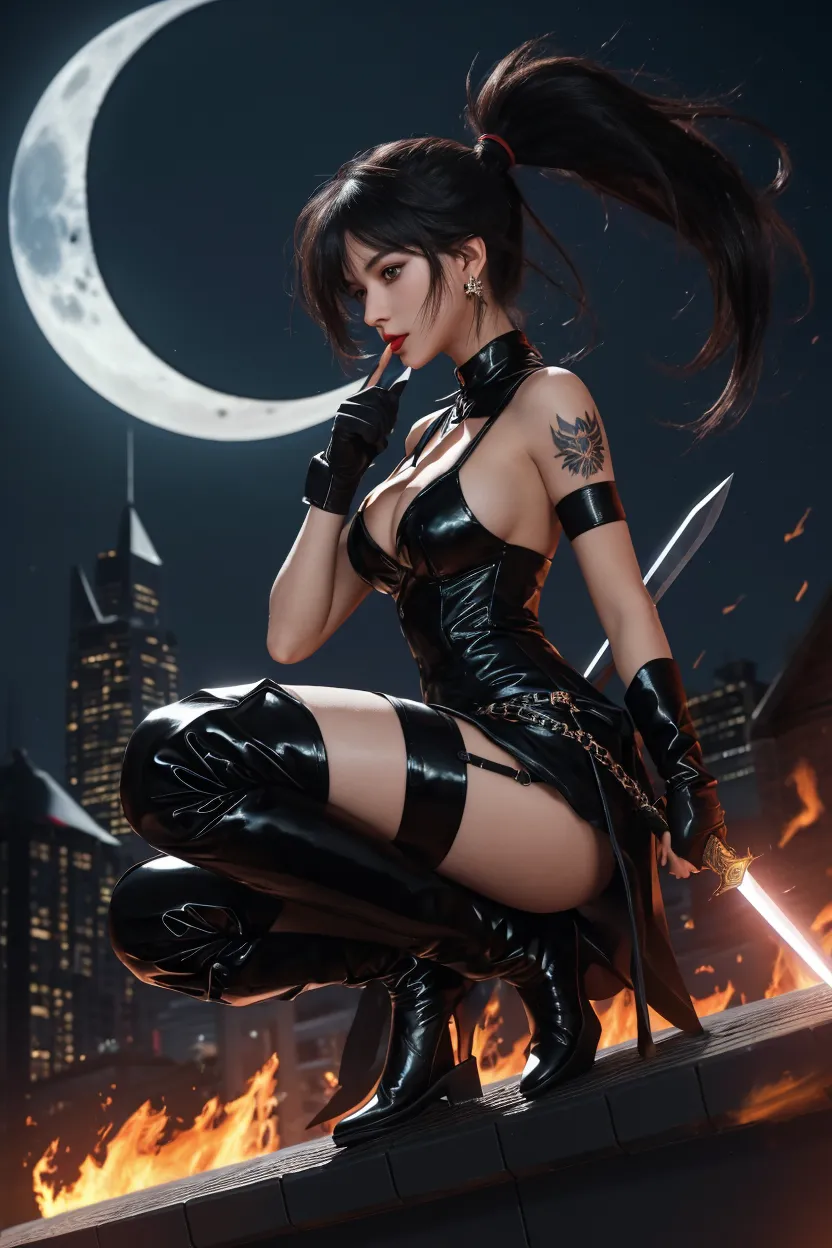 Behind the Beautiful Female Ninja of Japan Amnesty、Stand with a lightsaber in a burnt field at night turn、Look at me with a sexy smile Approximately 38 years old Big moon in the background Japan actress eye glass Smooth black hair heavy make up bright red lips full body Esbian Looking at the camera Asian Beauty a scene from a movie