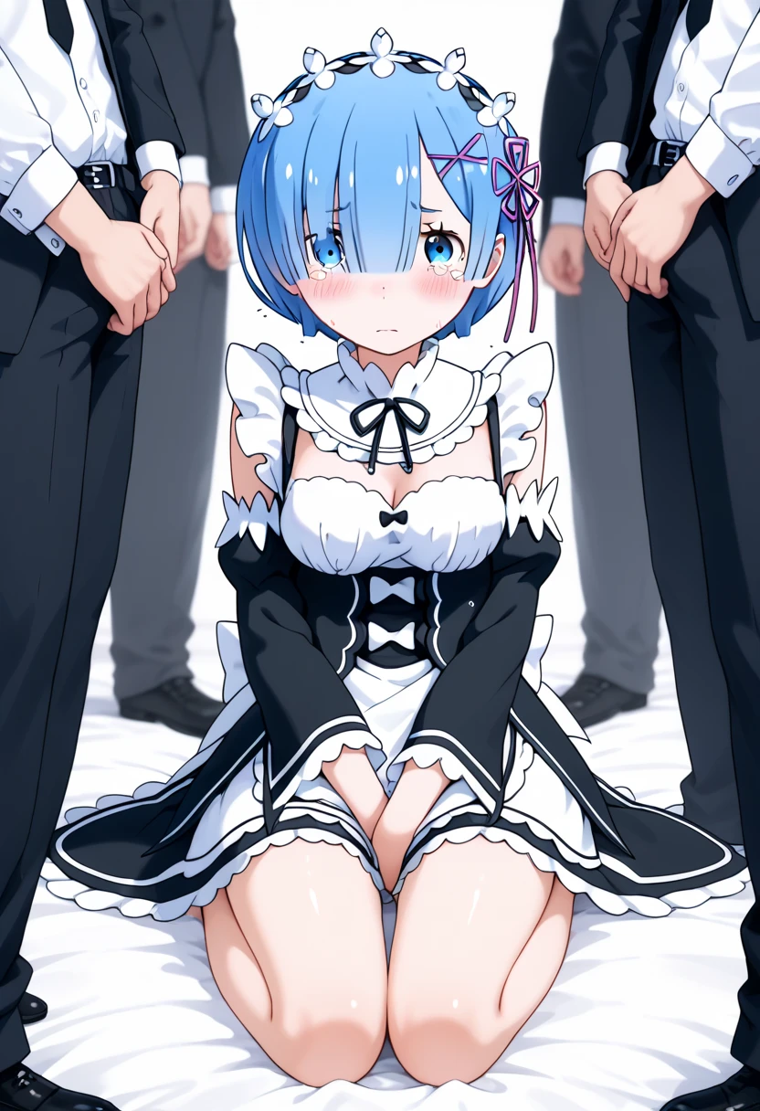 masterpiece, best quality, very aesthetic, absurdres, newest,1girl,cowboy shot, (contempt, disgust,shaded face,looking at viewer,frown),(from below,holding skirt, lifting skirt,panties),,rem_(re:zero), re:zero_kara_hajimeru_isekai_seikatsu, 1girl, blue_eyes, short_hair, blue_hair, hair_over_one_eye, asymmetrical_bangs, x_hair_ornament,wide_sleeves, apron, black_hair, black_sleeves, blunt_bangs, blush, breasts, detached_sleeves, dress, frilled_apron, frilled_sleeves, frills, hairband, juliet_sleeves, long_sleeves, maid, maid_apron, neck_ribbon, puffy_sleeves, ribbon, sleeveless, sleeveless_dress, waist_apron,,on stage