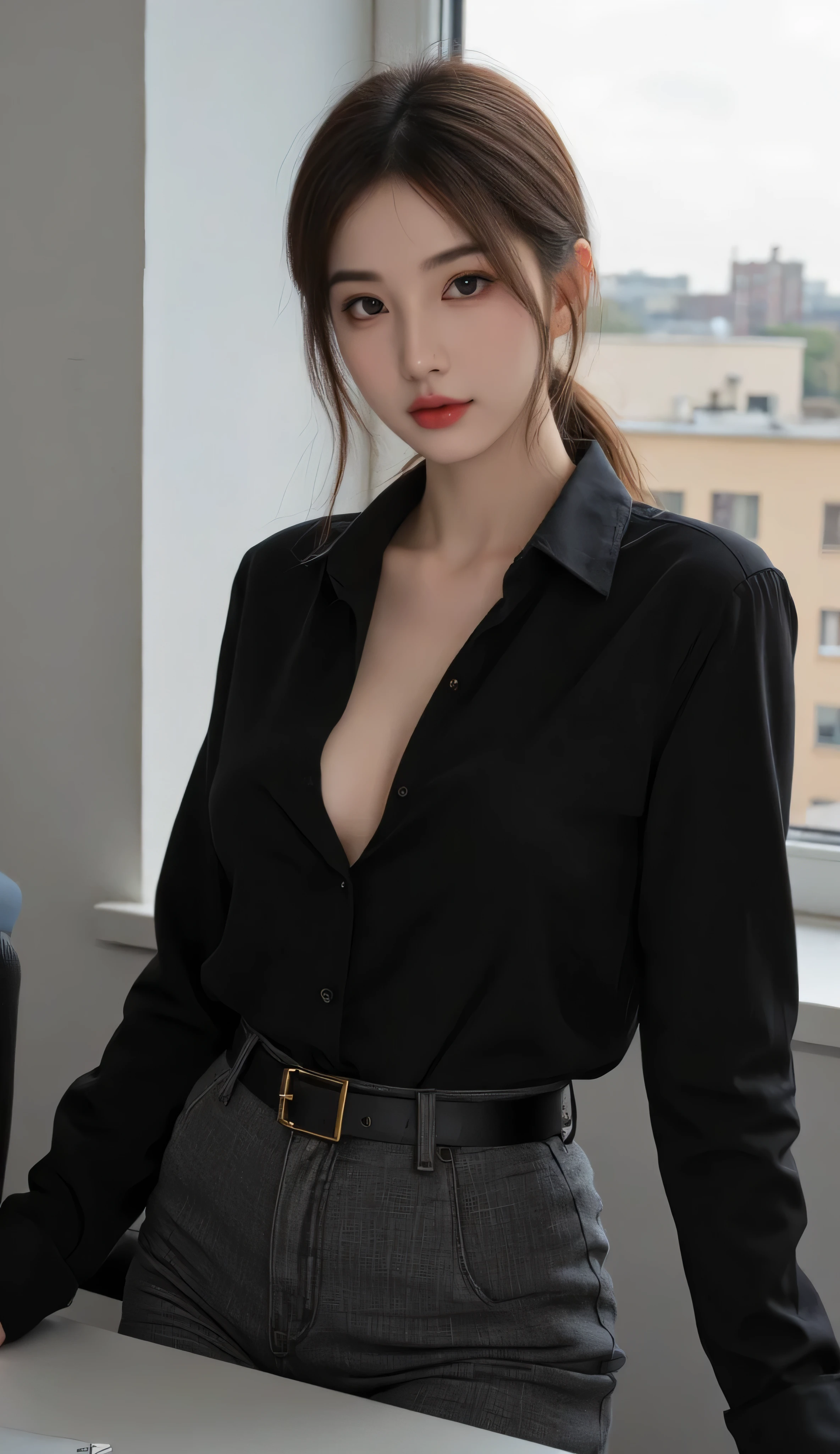 best qualtiy， tmasterpiece， 1 rapariga， beauitful face， （Realistic pictures：1.3）， edge lit， （highdetailskin：1.2）， 8K Ultra HD， digital SLR camera， high high quality， A high resolution， 4K， 8K，， （Realiy：1.3）， cute1girl， Wear a pink deep V skinny sweatshirt， Large breasts， Bulges on the chest，cleavage，seductiv，Raised sexy，pantiess，stocklings，ssmile，jpn，Temptation in the eyes，黑The eye，wearing black rimmed glasses，sweat profusely，Air bangs