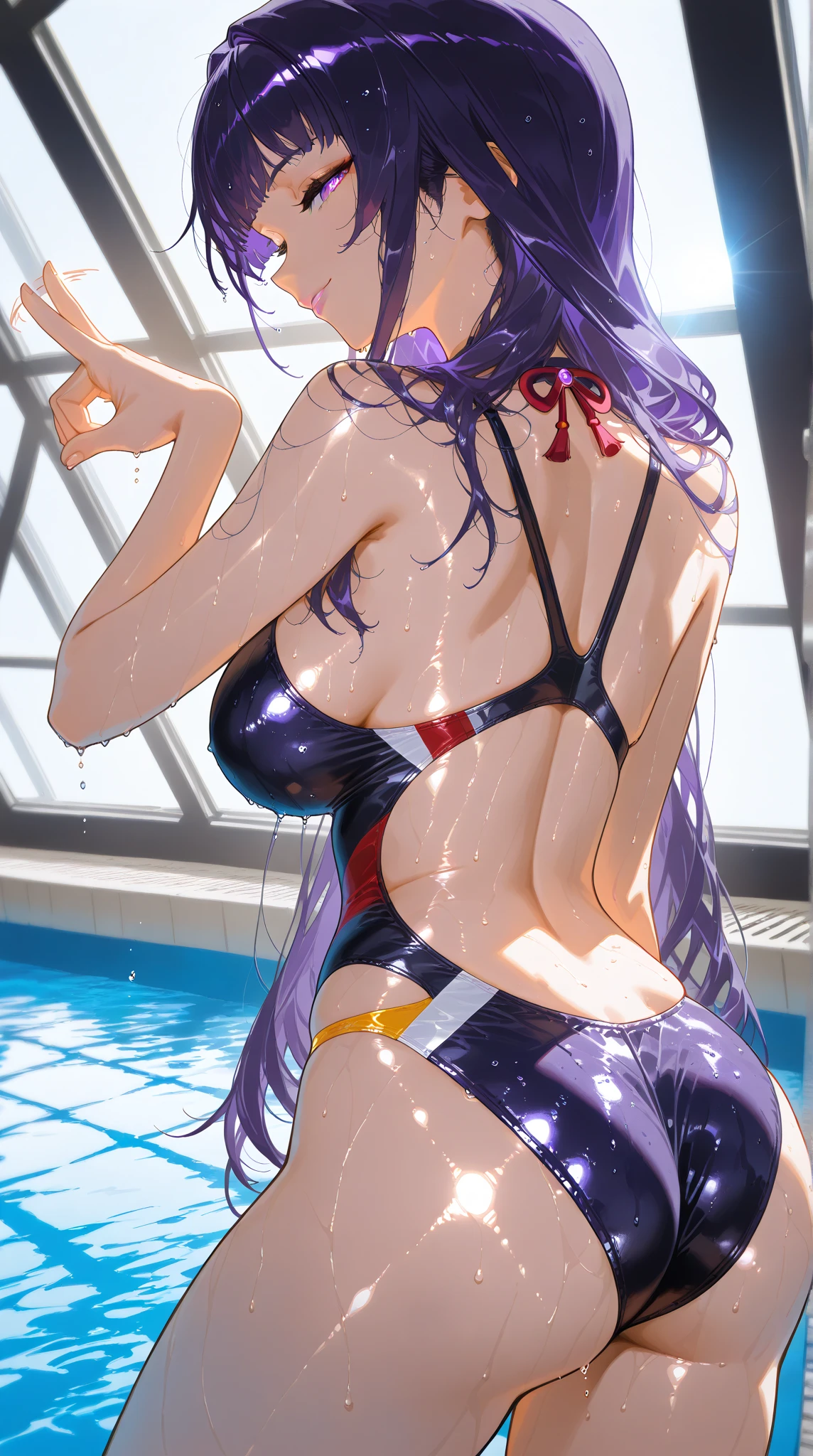 a woman in a White Towel sitting on a ledge, Hinata from Naruto, beautiful anime girl squatting, Hinata, thicc, she wears a White Towel, Hinata, looking from behind, back pose, full growth from the back, in full growth from the back, seductive anime girl, anime woman, Purplish hair. Wet body