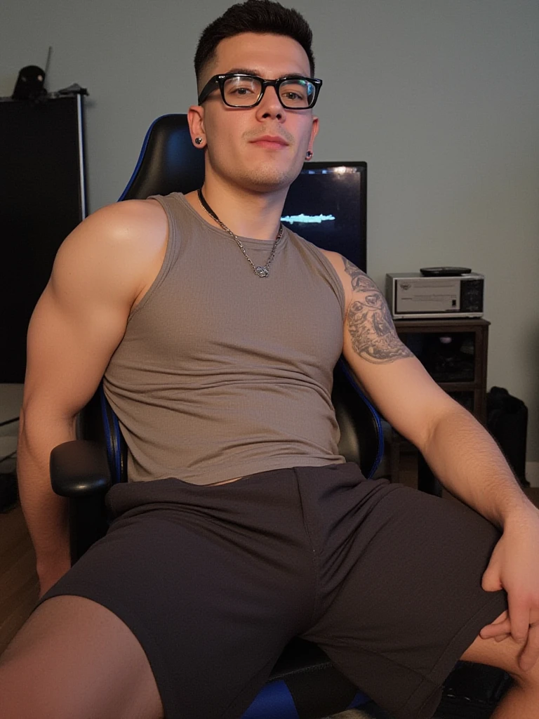 It generates a very handsome young boy with perfect features, with glasses, freckles and a nice smile, he has a muscular body, he has gamer headphones on and he is sitting in a gamer chair, he is completely naked and somewhat sweaty, he has hair on his body, He has a video game console controller in the middle of his legs holding it with his hands, you can see in the background a room with blue LED lights, a screen and video games, his penis is large and very visible