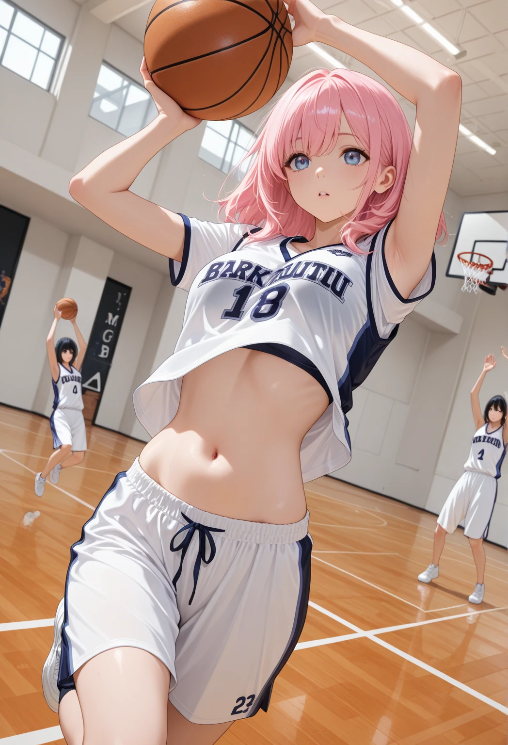 High school girl with beautiful eyes、Pink ribbon、Heart-shaped choker、long hair with pink twin tails,,,,,,,,,,,,,,,,,,,,、Schools、独奏、gazing at viewer、3D、hight resolution、top-quality、full body Esbian、8K Character Concept、32K、pixiv、illustratio、 ultra-detailliert、hyperdetailed face、Megapixel、 Ultra High Definition HDR、Clair、Overdecoration、● S180 - Rainbow 5(8K, Raw photo, Best Quality, masutepiece:1.2), (Realistic, Photorealsitic:1.37),1 girl,Cute, (Solo),A detailed face, Dramatic Angle, ,Dribbling basketball,Basketball Uniforms、Navel Ejection、Aside、Small breasts、Thigh opening、protect the basketball、Look away,Sporty,Wet skin,Sweat,Graceful legs,Low-rise bloomers ,prolapsed butt