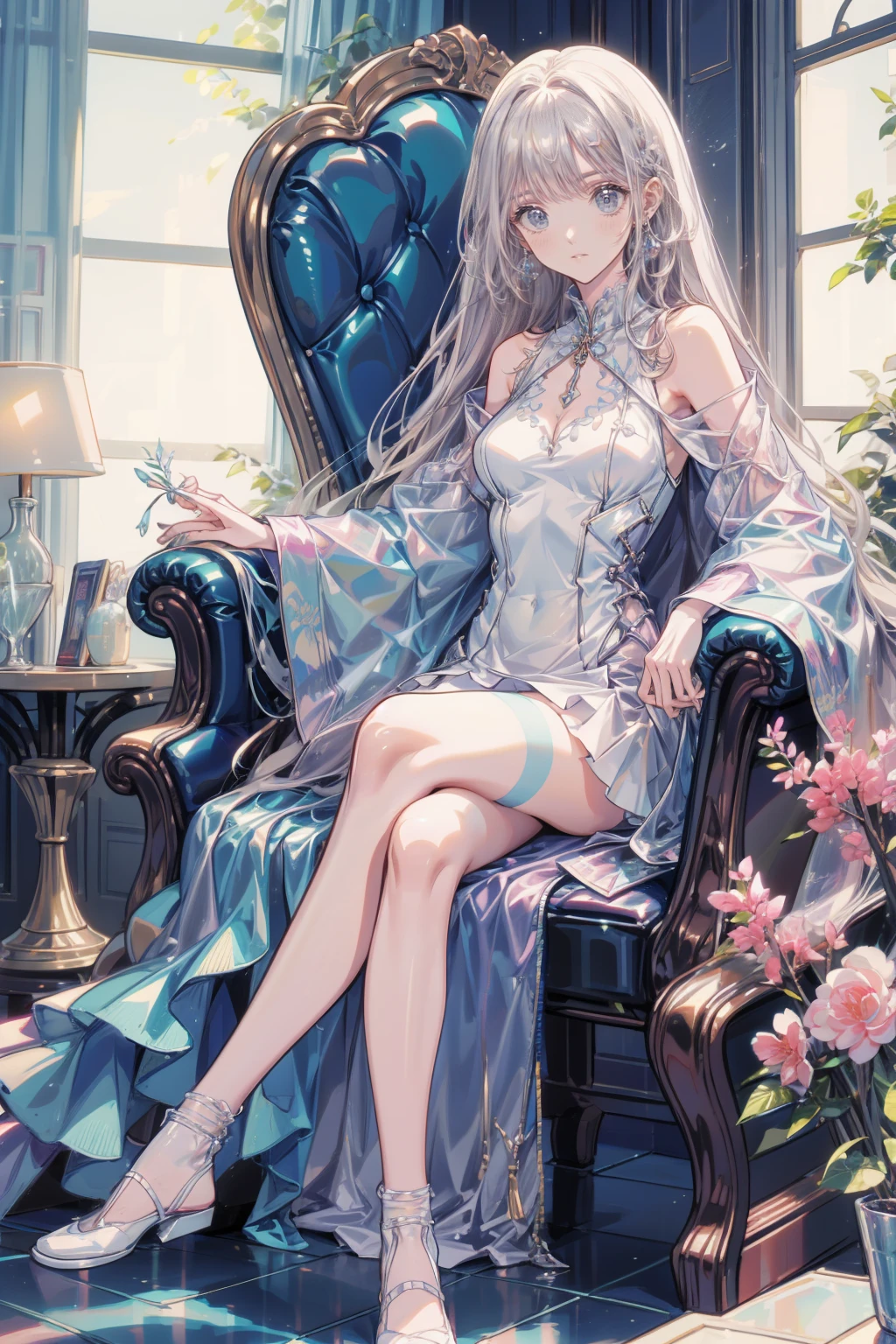 A woman, masterpiece masterpiece, super fine photo,, best quality, super high resolution, photorealistic realism, sunlight, full body portrait, amazing beautiful angel, beauty, masterpiece, super fine photo, anime style, best quality, super high resolution, photorealistic photorealism, full body portrait, amazing beauty, perfect figure, blue eyes, super detail, lying on bed, legs spread, beautiful face of details, silver white hair, light blue eyes