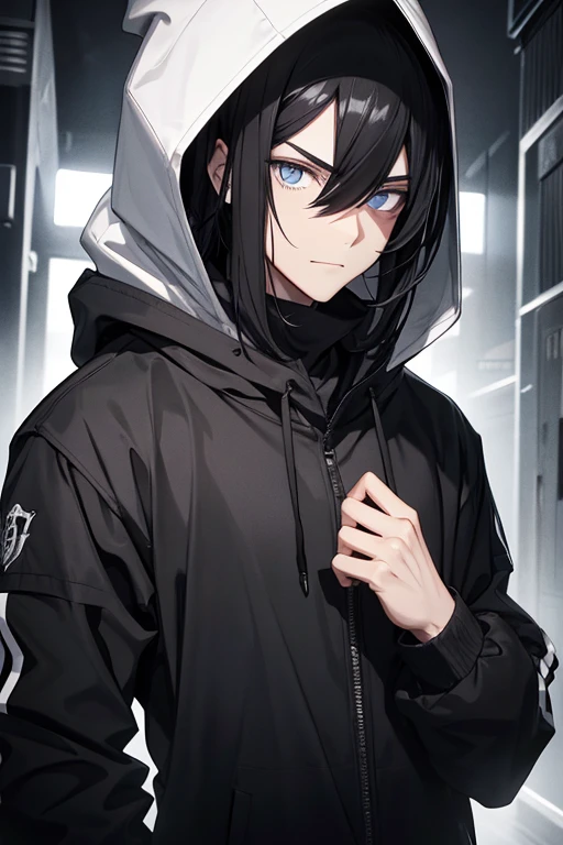 tall man, zip up black hoodie, the hoodie is unzipped, the man's right eye colour is blue, the man's left eye's pupils is tiny, the man looks wicked, the man smiles wickedly with his tongue out, furrowed eyebrows, he has a large scar on his left cheeks, he has wound stitching on his neck, he has clear tanned skin, he has black hair with silver stripes, curtains hairstyle