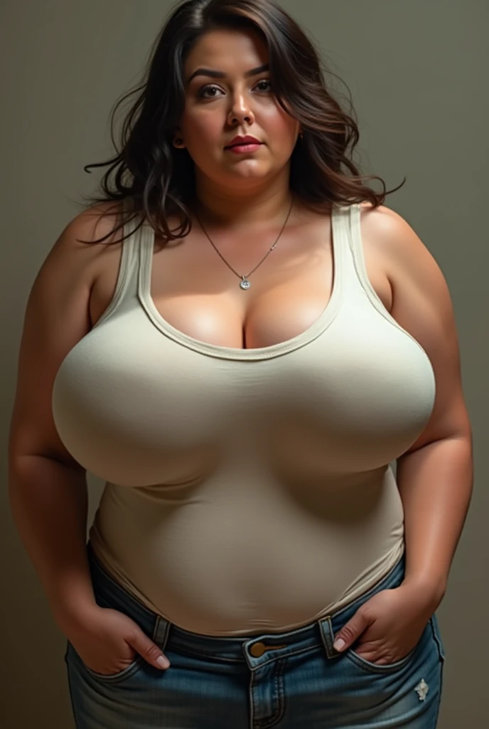 Highest quality, Realistic, 8k, High resolution, 1 girl, woman, (Skin Dentition), (Portraiture: 0.6), nice, (White Background: 1.82)), ((Big round breasts, Sleeveless white T-shirt: 1.75)), Straight Viewer: 1.8, (1 girl Eyes, Medium length hair, Brown Hair, Parted bangs : 1.65), Realistic, (Bokeh), (Mouth closed: 1.46), nice, Pure Eros Face_v1,