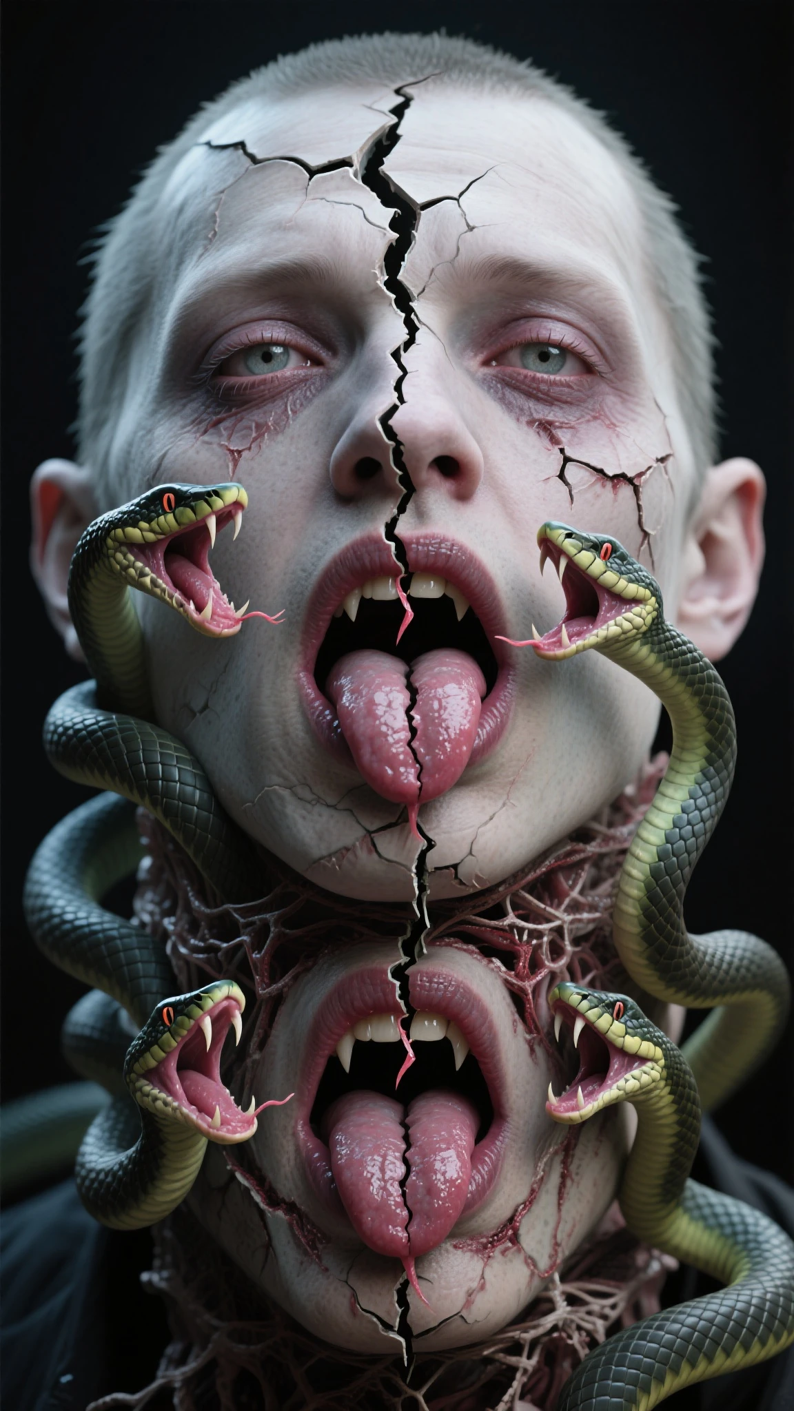 a bald albino about to swallow a black snake by lunging at his face. Written on the snake's body are the words: resentment.