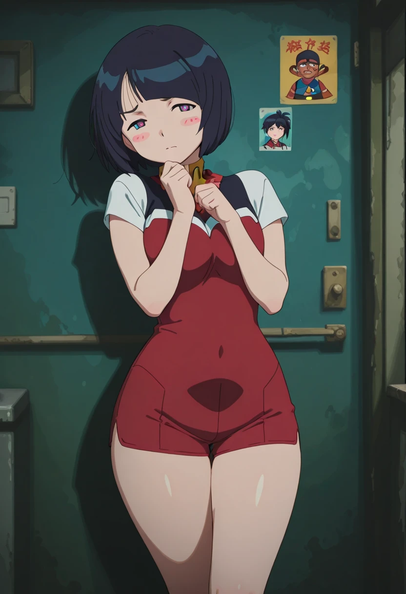 Milf, just one woman, busty, perfect boobs, long legs, chubby, 40s, pouting lips, black hair, hairstyle: ponytail, Asian ethnicity, soft + hot style sharp anime, woman in kitchen, back view, pose bending over when cumming, mini-skirt, low-cut clothing, wearing a pearl necklace, dark lighting, pubic hair in the private part.