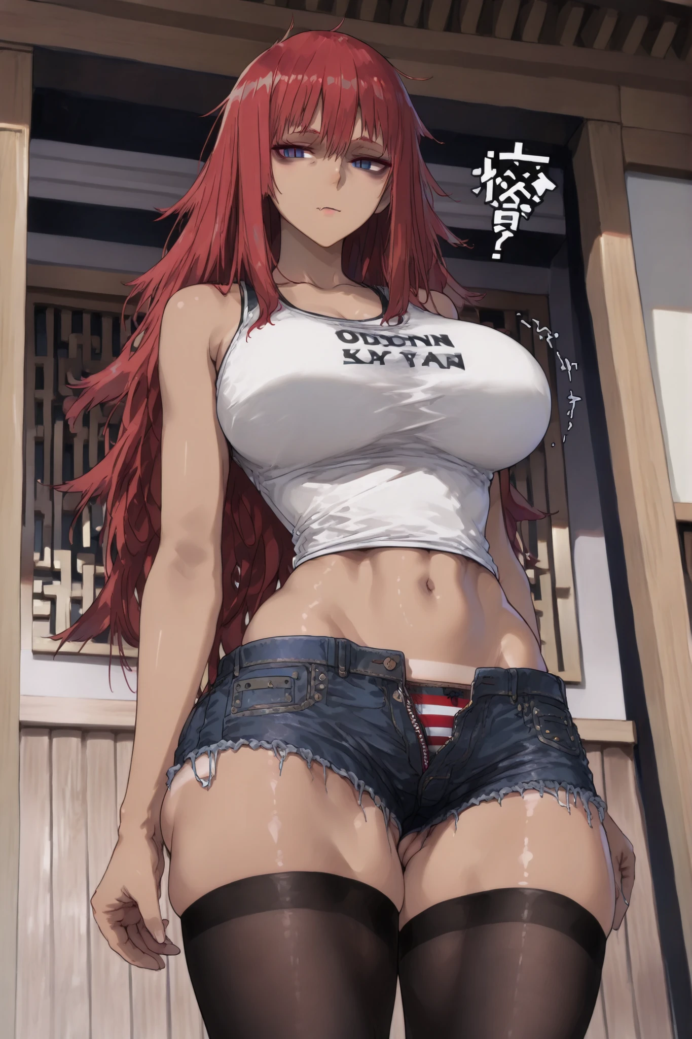 Highschool dxd, Rias Gremory, 1girl, (((bimbo))), blue eyes, puffy lips, painted lips, thick lips, wide hips, thick thighs, big breast, huge ass, revealing cleavage, erotic, smile face, bubble butt, camel toe, hitomi Tanaka breasts, , huge breasts, blue jeans, white bra, black leather jacket, posing, hand signs,