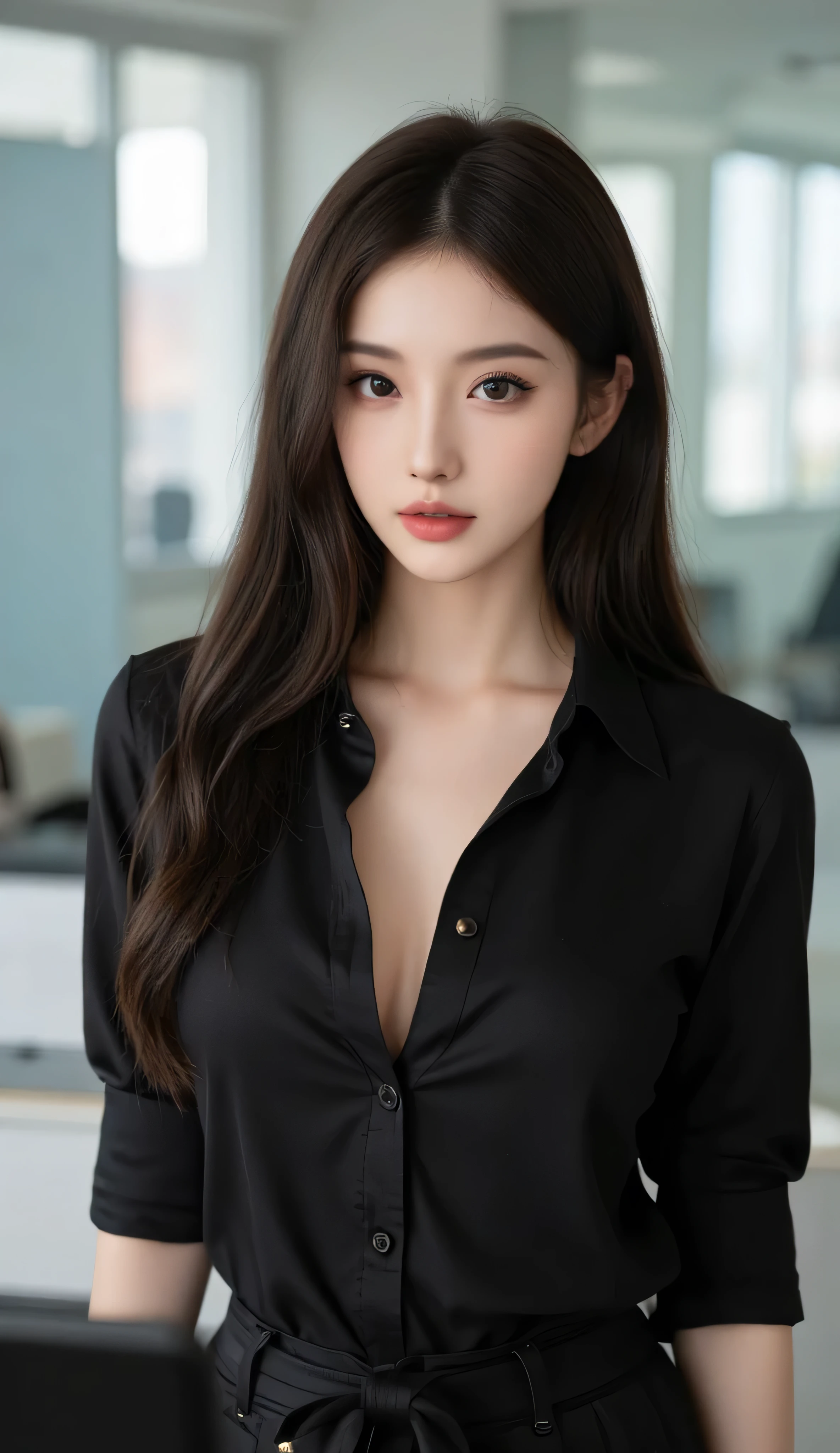 (RAW Photos), (Realistic), (masterpiece), (highest quality), High resolution, 8k, (Intricate details), (Volumetric Light), Portraiture, woman, Age 35, Medium Hair, Straight hair, Medium Chest, Accentuate your cleavage, Layered Hair, Brown Hair, Very beautiful eyes, Source order, Very thin eyebrows, Very fine skin, Very beautiful mouth, Very nice nose, Cute like an idol, smile, (Thick lips), (Looking at the audience), (black collared dress shirt), Above the knee shot,