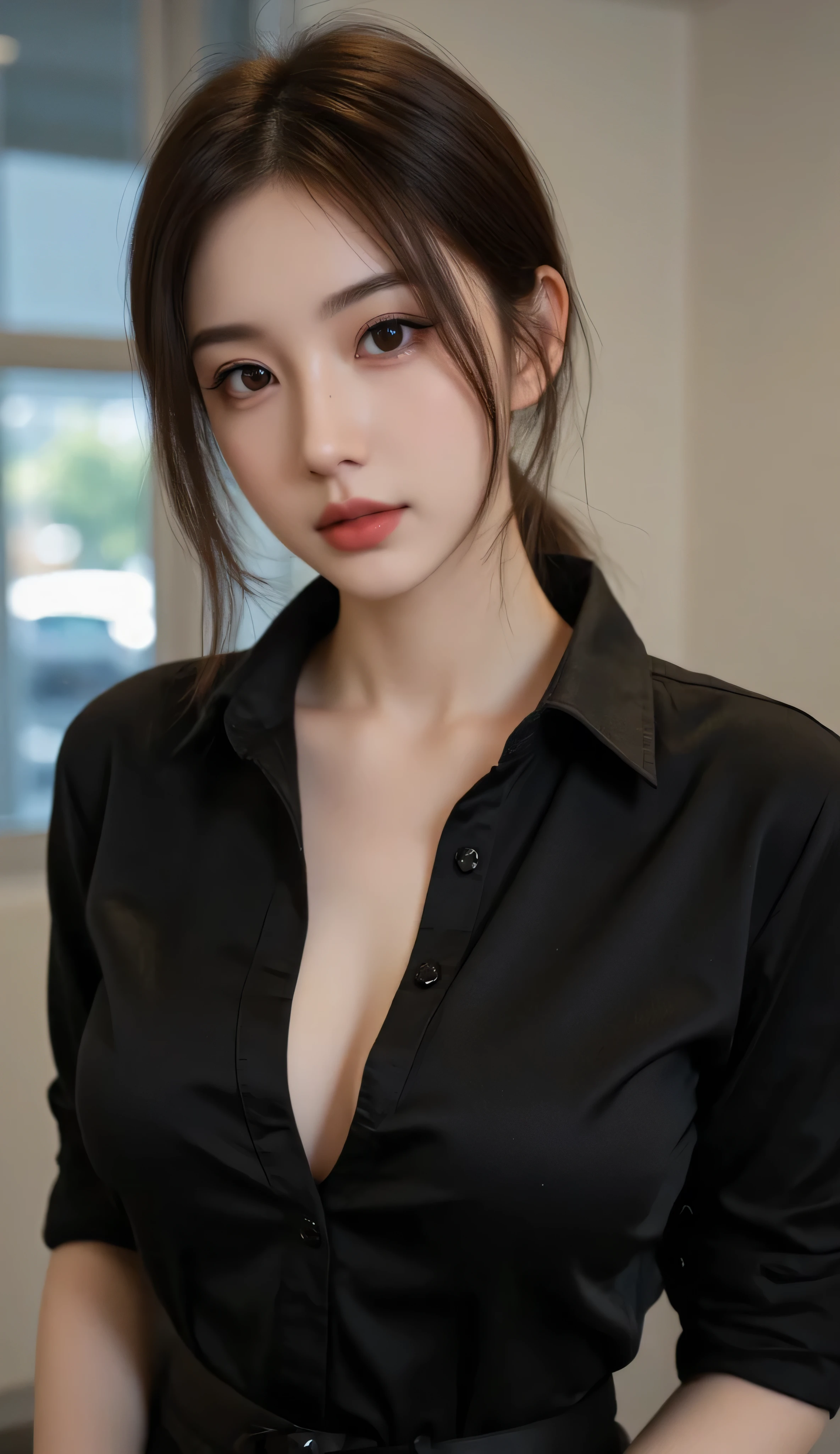 Beautiful Korean woman, 34 inch chest size, partedbangs, antlers, Hoop Earrings, Wear a black short-sleeved shirt, In the wooden office, Overexposure, Cowboy shooting,Ultra HD