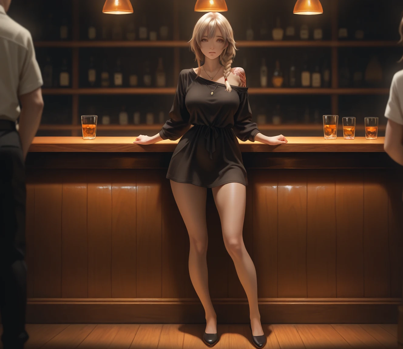 8k, best quality, realistic photos, realistic details, clear face, delicate facial features, real skin shine, a cute girl, shy, facing the camera, girl sitting in a bar in a gray fishnet sweater and tight panties, clear bar background, sea view, arms on bar counter, hips, slim body, big breasts, 24 years old, charming, seductive eyes