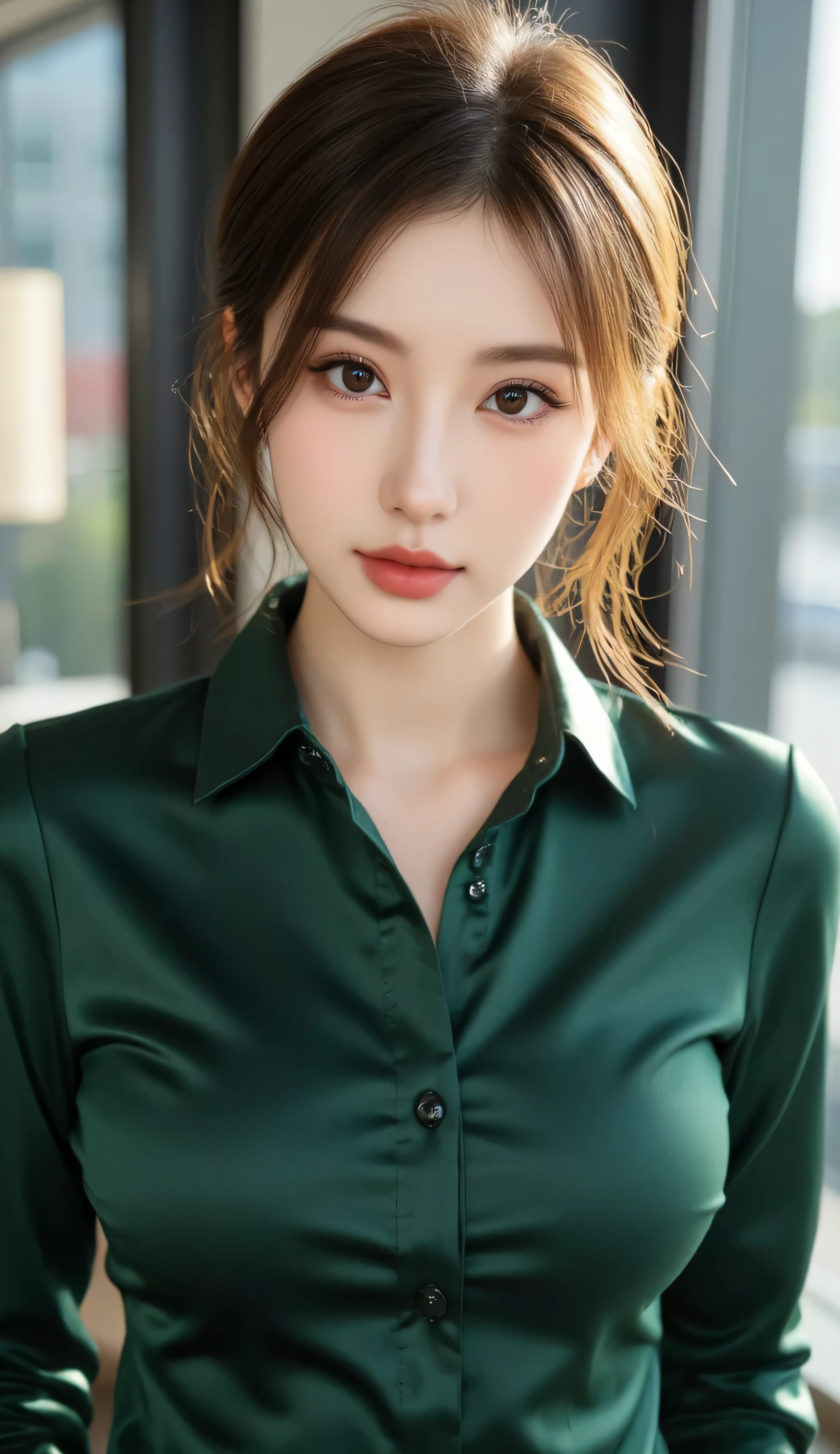 ((((masterpiece, best quality, high resolution)))), Extremely detailed 8K, Beautiful girl with voluptuous body, (Ultra HD, Ultra-detailed, Highly detailed, Highly realistic, Ultra-realistic, photograph realistic), (1girl:1.5), (Realistic black hair), (short wavy hair, hair ornaments, earrings), (dynamic poses), facing at camera, looking at viewer, (blushing red, embarrassed, exhausted, smile), (green eyes, sharp eyes), (massive perky breasts:1.2), (beautiful detailed face, beautiful detailed eyes), ((unbuttoned white blouse, black office skirt)), (detail pussy), (leaning against desk), sweat, glow, (nightlight), ((cowboy shot)), office room, seductive