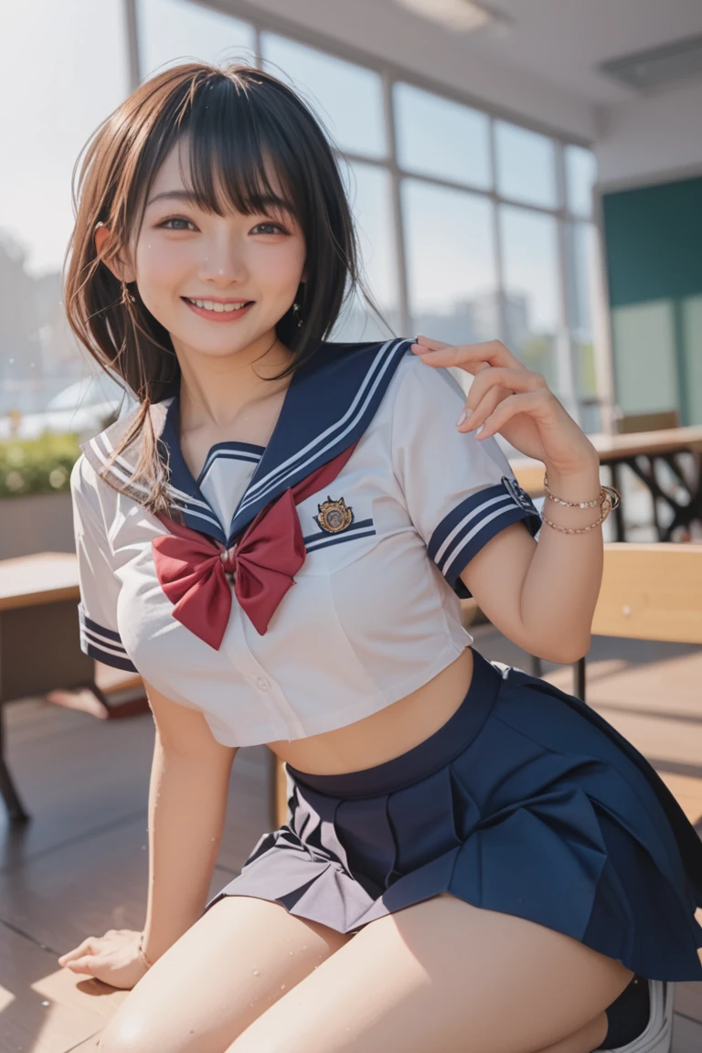 A cute,  Japanese girl at 20 who is as cute as a 15-year-old idol、Bikini-style cheerleader uniform、Sitting on the lap of a tall, middle-aged man in his 50iddle-aged man is her lover、She is sitting on the middle-aged man&#39;s lap、putting one&#39;s hand inside one&#39;s skirt、Small bust size、whole body、Accurately depict hands, arms and body、RAW Photos、Genuine、High resolution、Life、No copyright notice