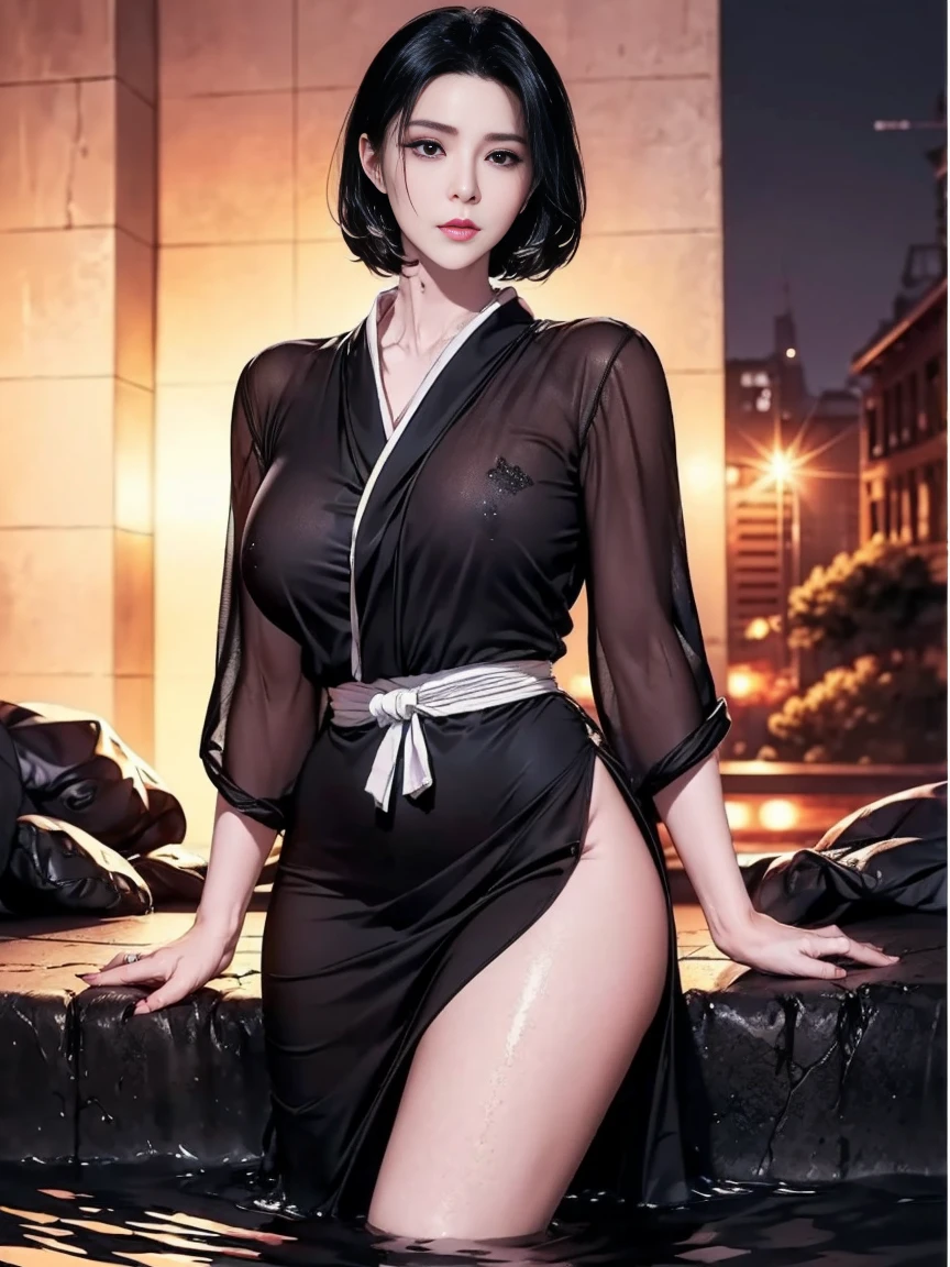 Masterpiece , highlydetailed, Hyperrealistic, fullbodyshot of 1girl, short black hair, red eyes,oni horns, kimono off shoulder showingclivage, standing, facing viewer, perfect hands, good hands, hand on hip,perfect face features , perfect thick, curvy and muscular body shape
