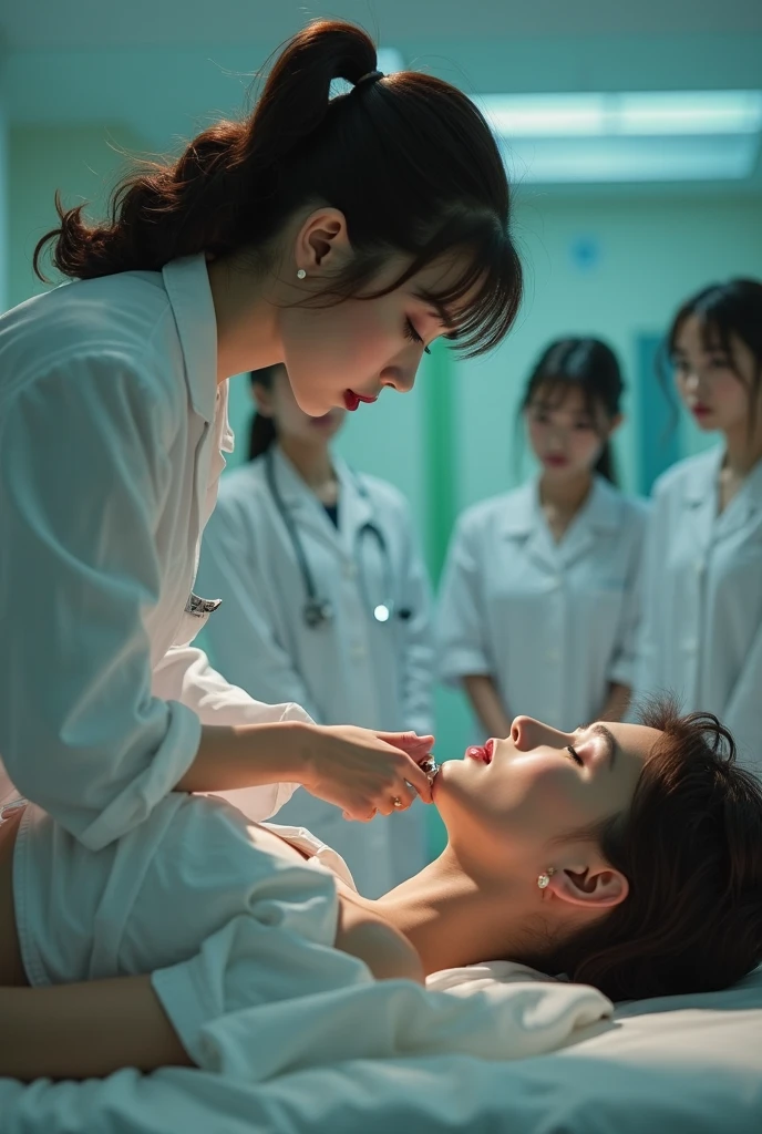 Male patient, Female nurse stroking patient's chest、oriental、Beautie、18year old、Hospital Room、Open your eyes