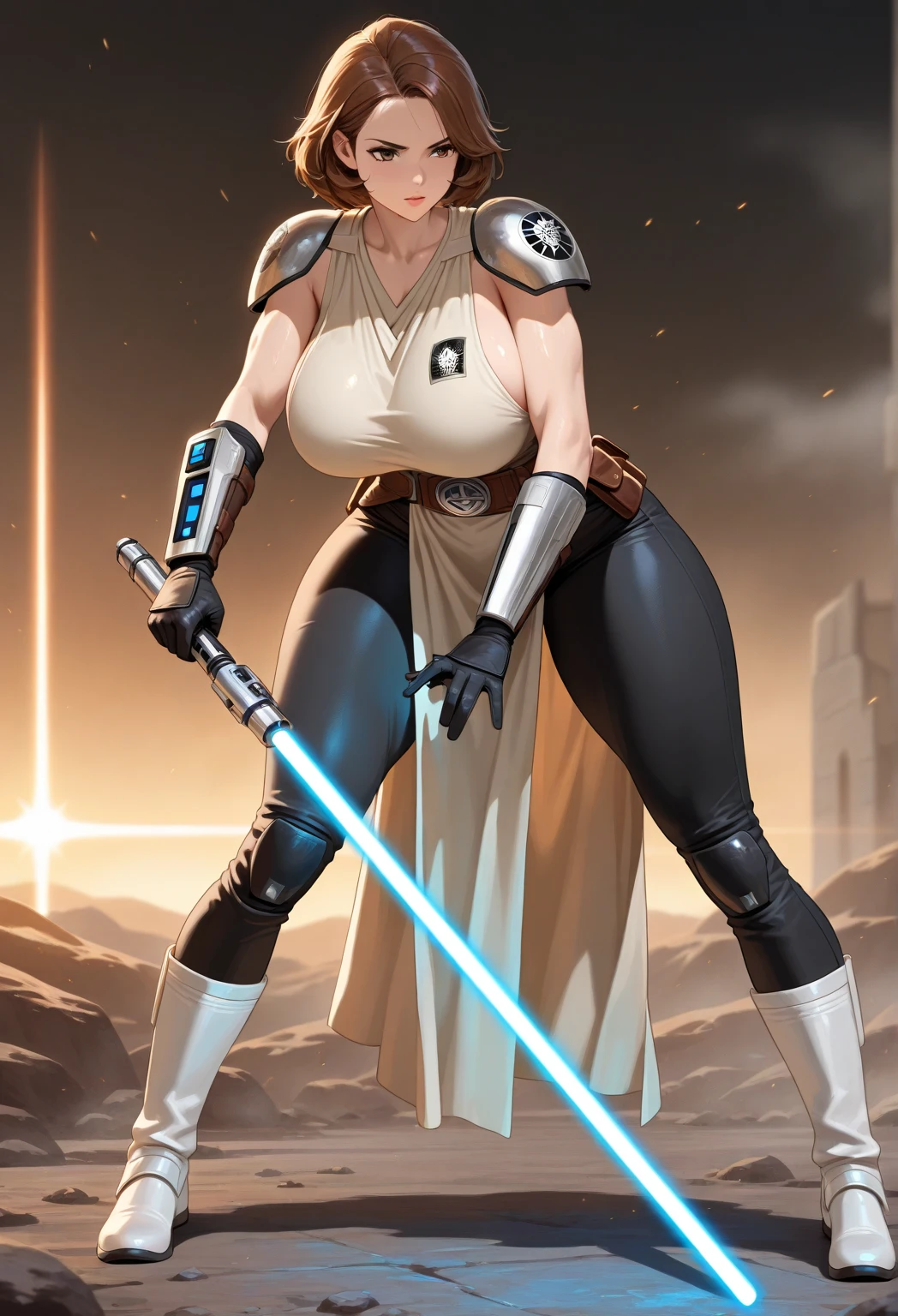 (masterpiece:1.2, best quality:1.2, beautiful, high quality, highres:1.1, aesthetic), detailed, extremely detailed, ambient soft lighting, 4K, perfect eyes, perfect face, perfect lighting, 1girl, (((blue skin)), twi'lek), (wearing black sleeveless shirt, grey utility vest, utility belt, fingerless gloves, tight pants, long boots, ((busty), slender body, thin, slim sexy body, slim waist, (((gigantic breasts), big cleavage))), futuristic warehouse, Star Wars,