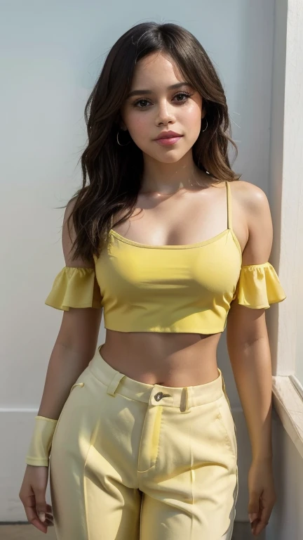 a ucranian 18 years in a yellow dress,metálic collar pet, posing for a picture in a living room with a white couch and a yellow curtain, private press, , a hologram, pink