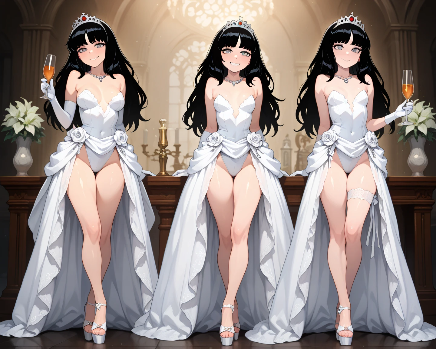 Three Sisters　Height difference　Black Hair　Shortcuts　tiara　White bra　White panties　White tights　White gloves　Beautiful breasts　royal palace
