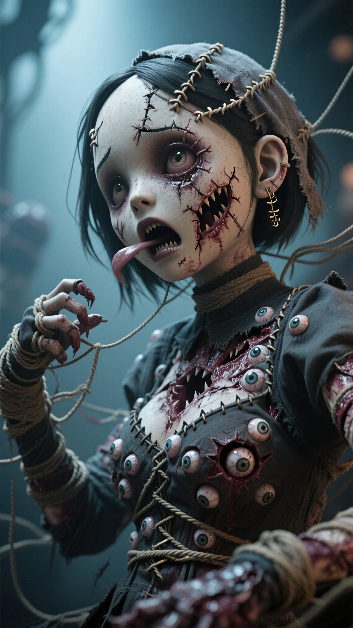Submissive girl, flat breasts, (horror style), looks depressing, high quality, ultra-detailed, crazy details, 4K, inferno