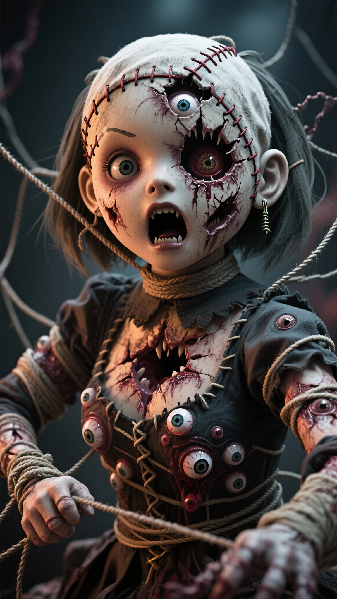 (best quality, highres:1.2), ultra-detailed, realistic, portrait, girl, staring at camera, malevolent grin, exposed teeth, wide smile, bloody butcher knife, background, family, family dead, bloody scene, dark atmosphere, horrifying, dreadful, creepy, vivid colors, sharp focus, detailed eyes, expression, murderous intent, dangerous, emotion, psychological horror, nightmare, macabre, terrifying, horror movie, horror theme, horror film, low-key lighting, bloody hands, bloodstains, evil, menacing, horror story, artistic, Ultra-Wide Angle, wide shot, 4k, You can see the entire room