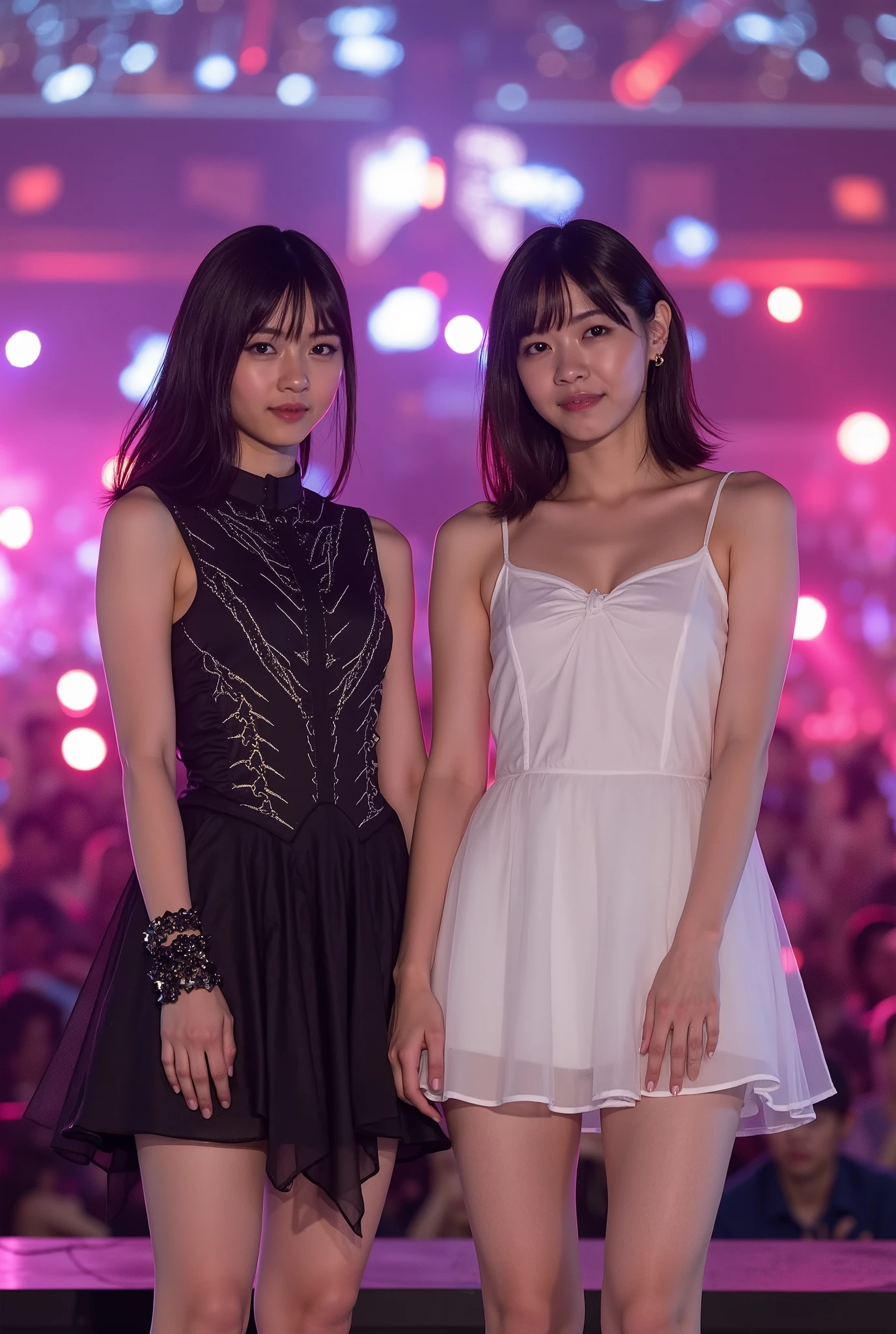 (Masterpiece, Realistic, Ultra High Definition, Best Quality: 1.2), 1girl, Solo, Young, No Makeup, (Black Hair), Smile, Japan Idol, Singing on Stage, Holding a Microphone in Hand, Idol Singing Costume, White Idol Dress, Sleeveless, Armpits, (Akina Nakamori), Photorealistic, On Stage, Stage Lighting, Live Venue, Stage Spotlight, Light Version、(pureerosface_v1:0.8)