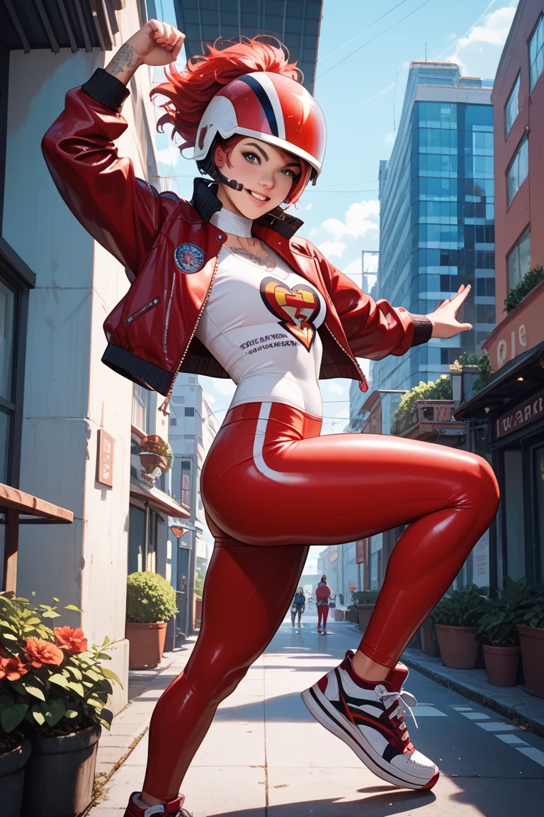 Takara2,black hair, makeup, red eyes,cropped black jacket,bodysuit, choker,spikes, fingerless gloves, looking excited, happy, skydiving, falling, from_below, blue sky, high quality, masterpiece, <lora:Takara:.7>