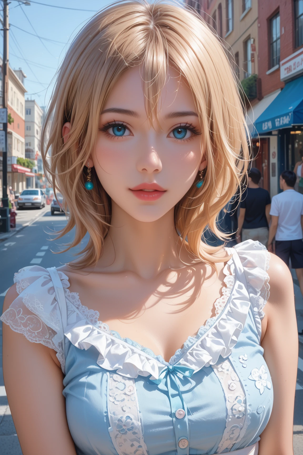 1girl, White summer costume, skirt, a straw fedora hat, Bare legged, blonde hair, blue eyess, full bodyesbian, Style Petals, wood background, A clear day, perfect eyes, perfect hand, 超A high resolution, Movie angle, profetional lighting, top-quality, masterpiece, side lights, sharp, Perfect focus, bokeh dof, Photorealsitic, (Fine details beautiful eyes:1.3), realisitic, (3D Face:1.1), (shinny skin:1.5), (Complex facial details in ultra-high resolution), (Pores on the skin of the face:1.3)、Ultra-high resolution fabric texture、8k eye details、8K pupil、smile