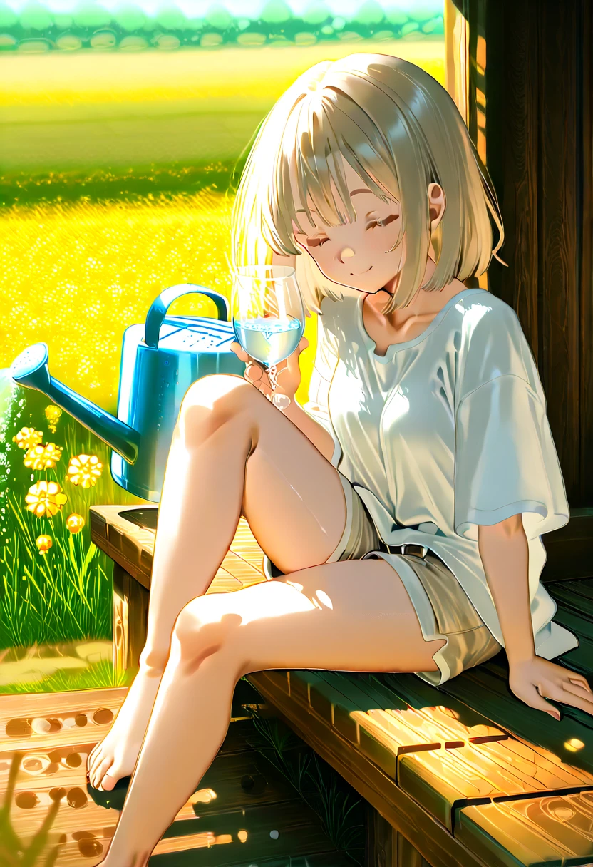 slim girl, bottomless, pee, peeing, t-shirt, lemonade stand, lemonade, pee puddle, lemonade glass, happy, smiling, masterpiece, very detailed, detailed skin, pussy