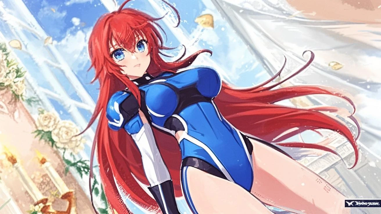 White girl, red hair, with armor-shaped swimsuit, holding an epée