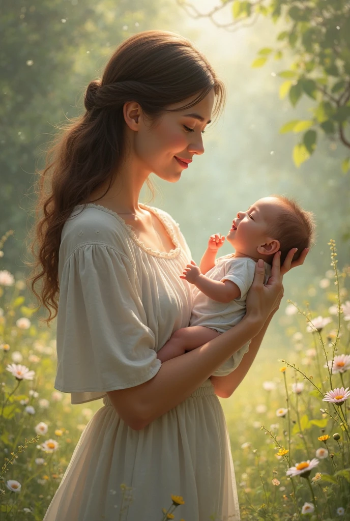 Mom holds baby in her arms they smile summer 
Flowers are flying