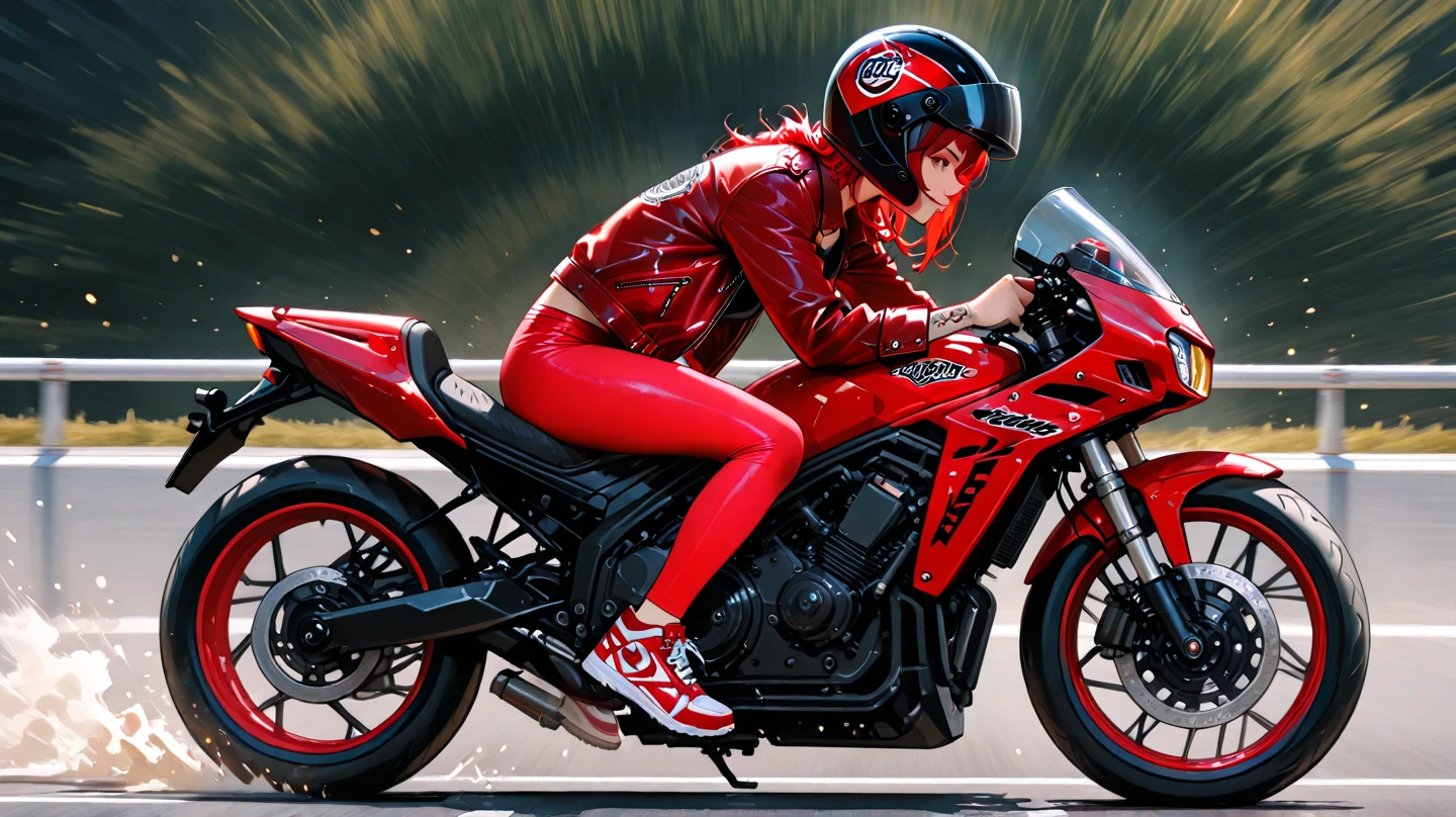 {Straight Front view} of a girl riding a motorcycle, straight pose