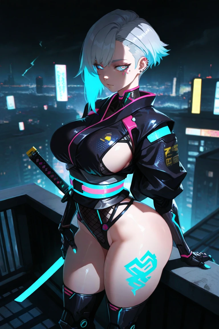 ((Best Quality)), ((Masterpiece)), ((Realistic)) and ultra-detailed photography of a 1nerdy girl with goth and neon colors. She has ((turquoise hair)), wears a (tech-wear top) and a (black thong, red pattern:1.2) , ((beautiful and aesthetic)), sexy, under-boobs, hot