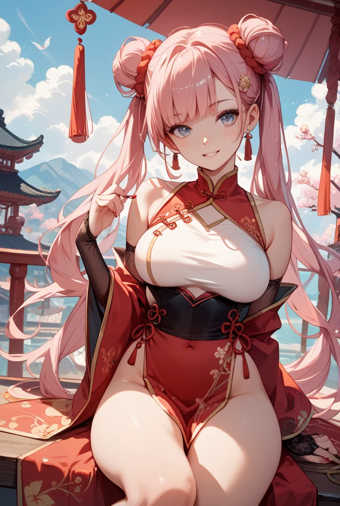 (masterpiece), (highest quality), (Super detailed), 1 girl, sexy pose, blush,big breasts, shrine maiden costume, Happy, looking at the viewer, big hair, pink hair, cherry blossoms, shy,Big blue ribbon,magic circle,holy light,