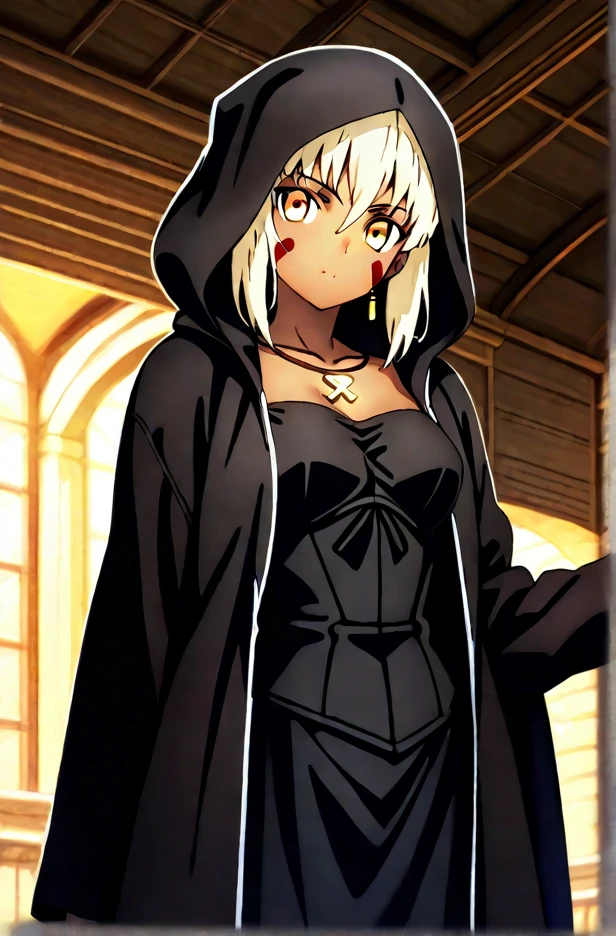 1 dark girl , wearing a big hood, wearing a blouse that reaches the thighs.