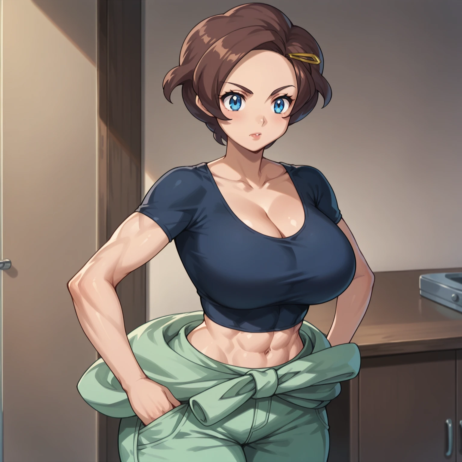 1girl, woman, shoulder length hair, tomboy, dark brown hair, athletic build, Caucasian, tanned, loose blue shirt, green pants, fantasy inn, bust shot
