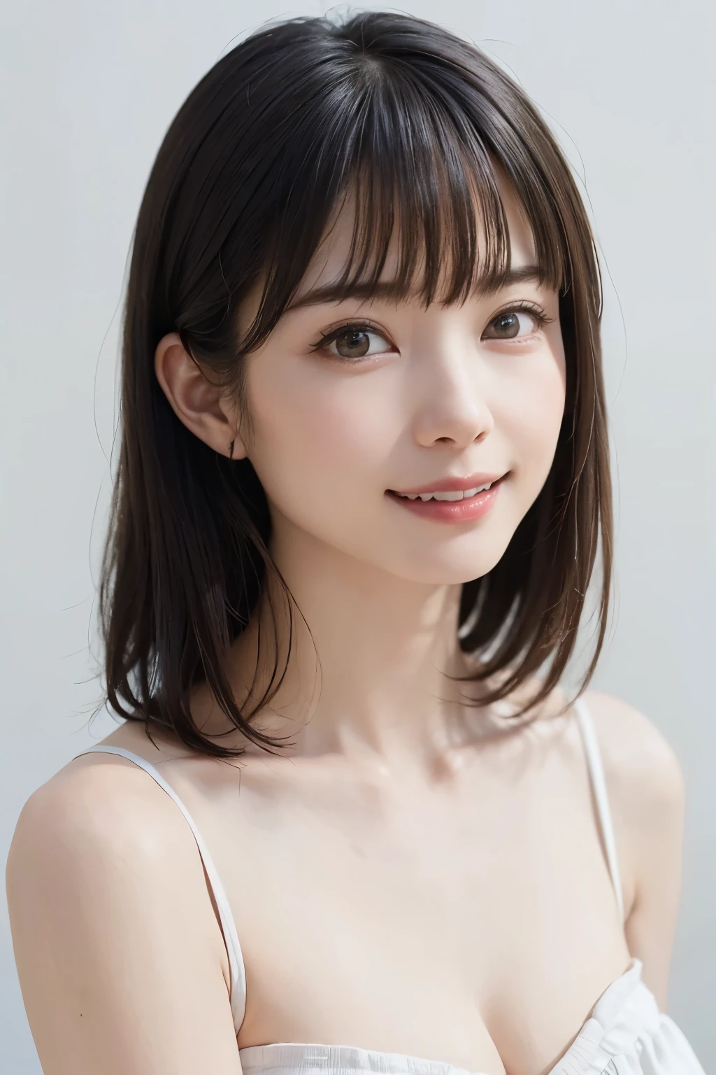 1 girl, alone, Beautiful Skin, very detaileded, ultra detaileded, Ultra-high resolution, (Photorealism:1.4), (highest quality), (Best Shadow), detailed, Perfect lighting, Black Hair, ((Showpiece, highest quality, High precision)), One Girl, (Realistic: 1.4), (look up at the camera even a little, カメラをlook up, look up, look up at the camera, Looking into the camera))), alone, White Background, snow-White Background, shut up., smile, pretty Black Hair, short hair:1.6, Big eyes, Beautiful double eyelids, eyelash, listen, Long neck, 美しいLong neck, Absolute area, ((Face close-up, short hair with bangs、Short Bob Hair:1.5、Off the shoulder)), 19 years old, Attractive proportions, Shiny skin, Beautiful clavicle, Golden ratio face, Perfect Face, Teardrop-shaped mole, Mole on chest, bangs, clean bangs, beautiful bangs, Lip gloss, Thin lips, White skin, I took off my clothes, Small face, Small face, 少し上を向いてLooking into the camera, ((smile a little for the camera, really nothing pure White Background, Listen carefully, big 胸、Dynamic Angle:1.5))