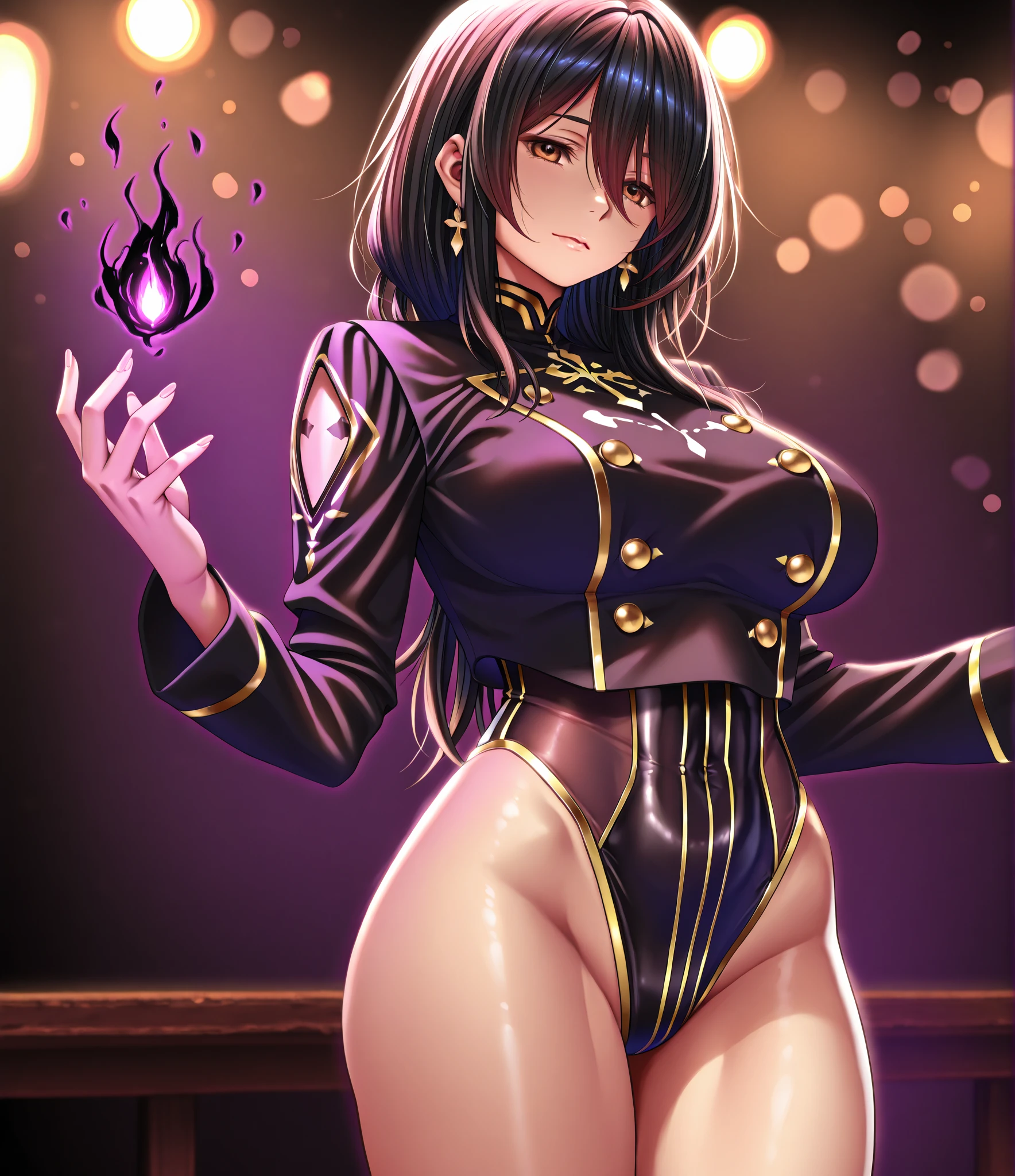 (best quality, 4k, highres, masterpiece:1.2), ultra-detailed, realistic, anime, studio lighting, physically-based rendering, shiny glasses lenses, sharp focus, vivid colors, bokeh, short dark hair, dark skin, huge breasts, closed-mouth expression, wearing ultra mini clothes, show off her body, a lot of bar skin, one girl levitating, giant glowing orb held with both hands, two smaller glowing spheres orbiting around her.