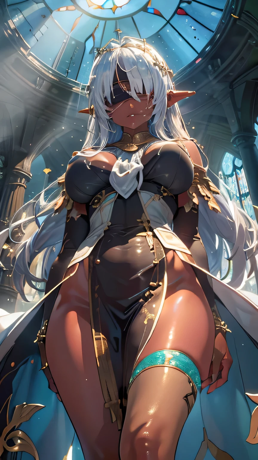 elf woman, light blue glowing eyes, cold expression, proud posture, chest up, black skin, red crotch tattoos, white tied hair, exposed chest, exposed shoulders , showing her navel and thighs, looking up at the camera, with sweat on her body, her wet body, in a medieval inn.