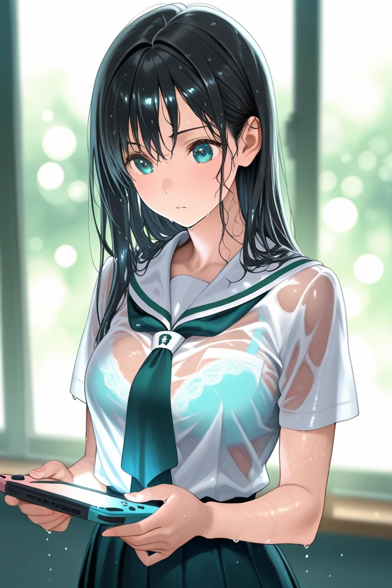 Best picture quality,tmasterpiece,超高分辨率,(Fidelity:1.4),photore,1girll,,white shirt,worn jeans,White sneakers,Pale green eyeballs,eyeslashes,beautiful pupil,eye shadows,Light blush,Delicate facial features,Reasonable facial features,(torn laundry:1.5),(wetclothes:1.4),Chest patch,exposed bare shoulders,Real rain,Wet hair