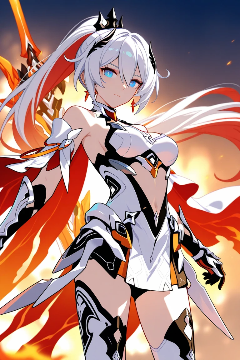 1 girl,mature girl,kiana kaslana,Herrscher of Flamescion,Honkai Impact,white hair,shiny hair,beautiful long hair,beautiful eyes, high quality,beautiful,valkyrie,hyper,masterpiece,perfect body, nice body, curvy,armor,hyper quality,high quality, perfect,high detailed eyes,high detailed face,valkyrie suit,wings,great flame sword,looking at viewer