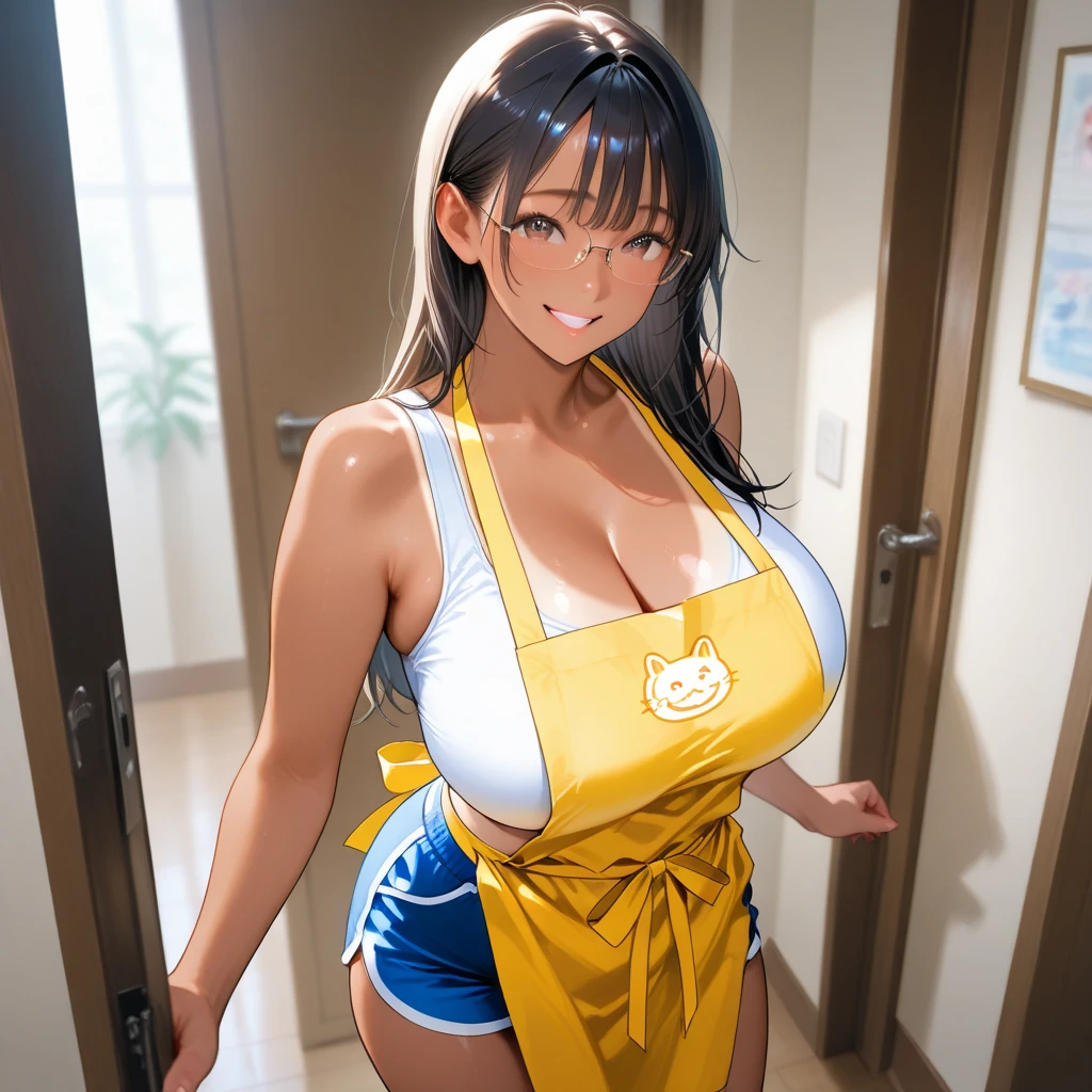 standing, solo, 1girl, mature female,  shiny orange eyes, naked apron, coffee orange apron,  black ebony skin, large breasts, areola slip, cleavage, leaning forward, hanging breasts, curvy, hands on table, arms down, looking at viewer, blush, parted lips, light smile, long black hair, black colour hair, black skin,  very cute anime girl face, black skin anime girl,  orange colour eyes,