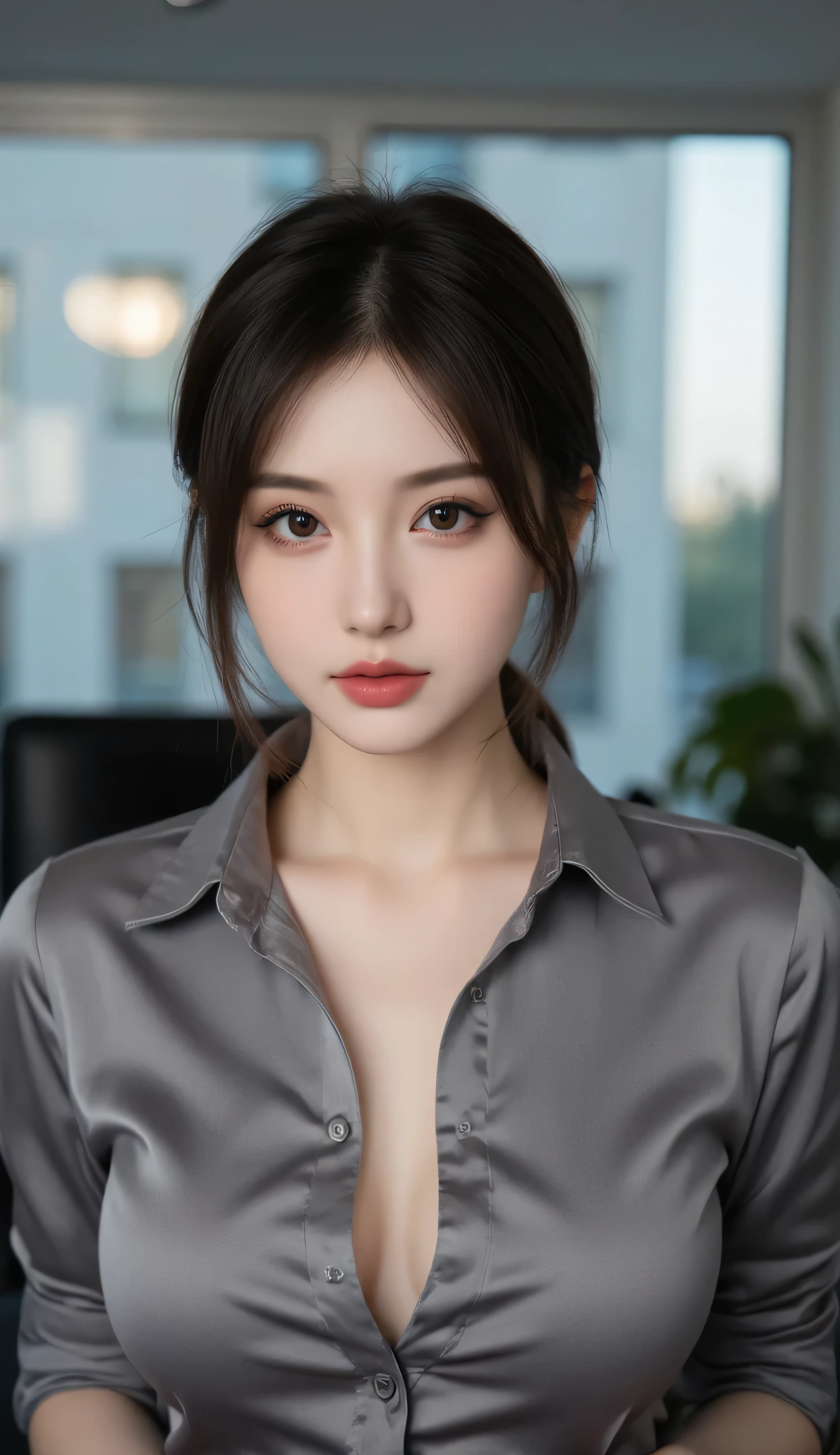 Beautiful woman in business suit , Japanese , detailed face, detailed eyes, lustrous lips, shiny skin , skinny physique, office, Professional Lighting,(best quality, masterpiece, ultra high res, 8k, RAW Photo:1.3),