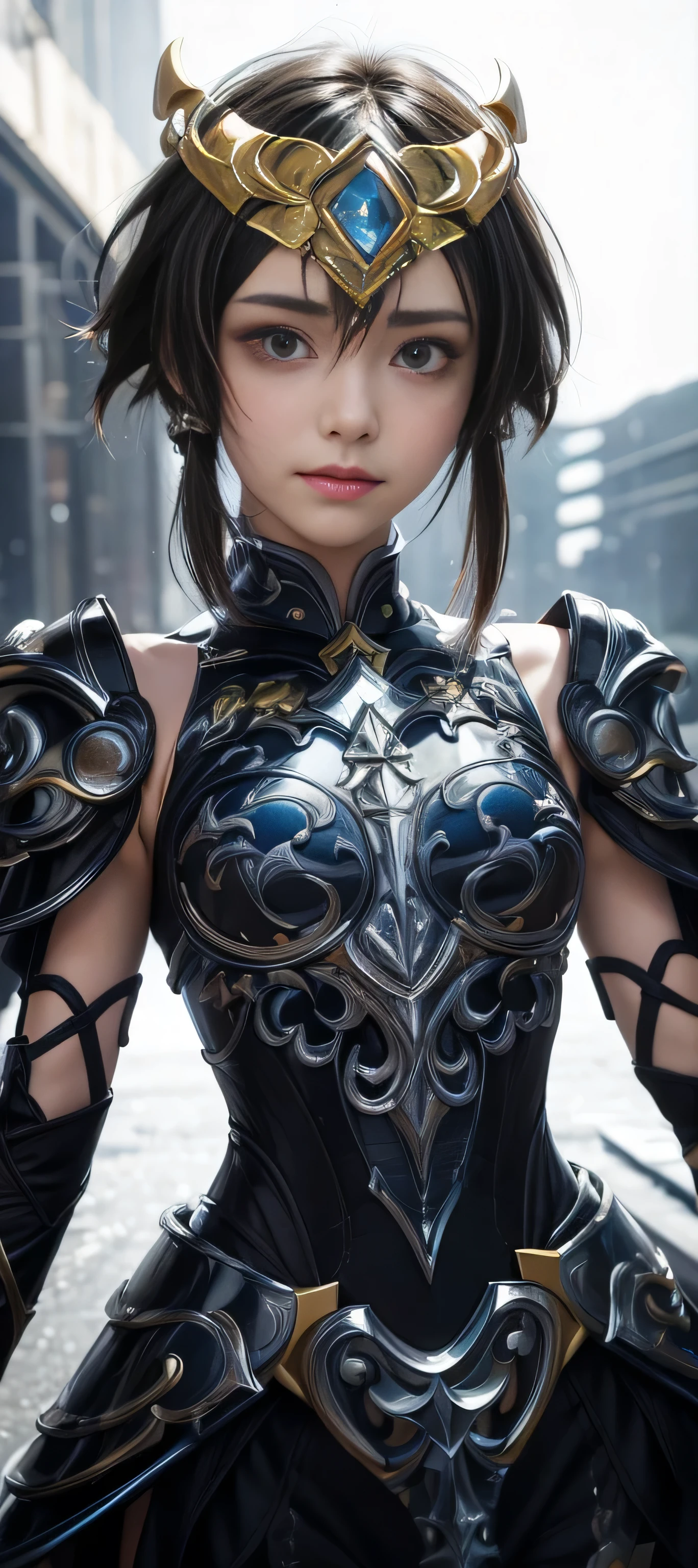 masterpiece, best quality, (realistic,photo-realistic:1.4), (RAW photo:1.2), extremely detailed CG unity 8k wallpaper, delicate and beautiful, amazing,finely detail, official art, absurdres, incredibly absurdres, huge filesize, ultra-detailed,extremely detailed eyes and face,light on face,asada shino,(little smile),(black hair:1.4),(very short hair:1.5),sidelocks,space background,(god cloth:1.5) ,(sidelocks:1.3),(armor:1.3) , hair ornament