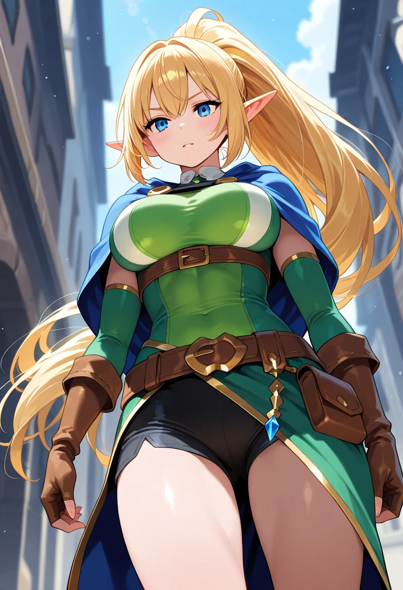 (extremely detailed fine touch:1.2), (natural light, sun light, light rays, dappled light, ray tracing:1.2), mature female , masterpiece, best quality, highly quality , ANI_CLASSIC_deedlit_ownwaifu, www.ownwaifu.com, pointy ears, blonde hair, long hair, elf, circlet, green eyes, long pointy ears, very long hair, breasts, medium breasts, earrings, lips, makeup, bangs, cape, armor, blue cape, shoulder armor, pauldrons, gloves, breastplate, belt, green dress, short dress, looking at viewer, blush, open mouth, standing, (Masterpiece, extremely detailed CG, sharp line),deedlit, offcial art, Colorful, Beautiful Japanese anime style,Extremely detailed eyes and face,Sharp pupils,realistic pupil,In the woods、cabellos largos dorados,ears of elf,Black lace panties,Slender thighs, varies multi etc. --v 6 --s 1000 --c 20 --q 20 --chaos 100